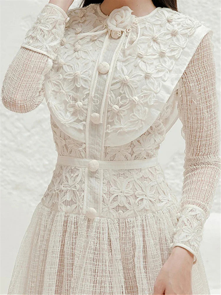 Elegant Boho Vintage Women's Dress - Embroidered Lace High Waist Long Sleeve Party Gown for Autumn & Spring | Perfect for Weddings, Cocktail Parties & Special Occasions