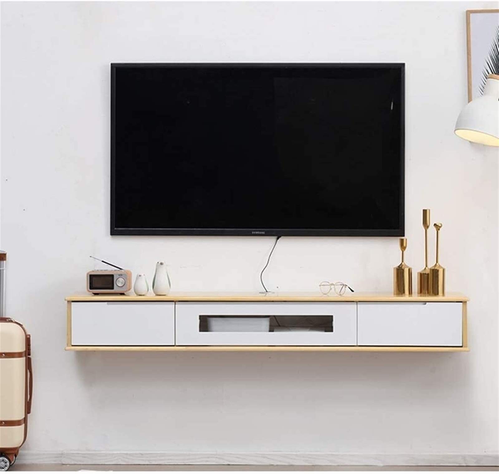 Floating TV Stand Wall Mounted - Modern Wood & White Media Console Shelf (100x20x20cm) - Space Saving Entertainment Center for Living Room, Bedroom & Home Theater