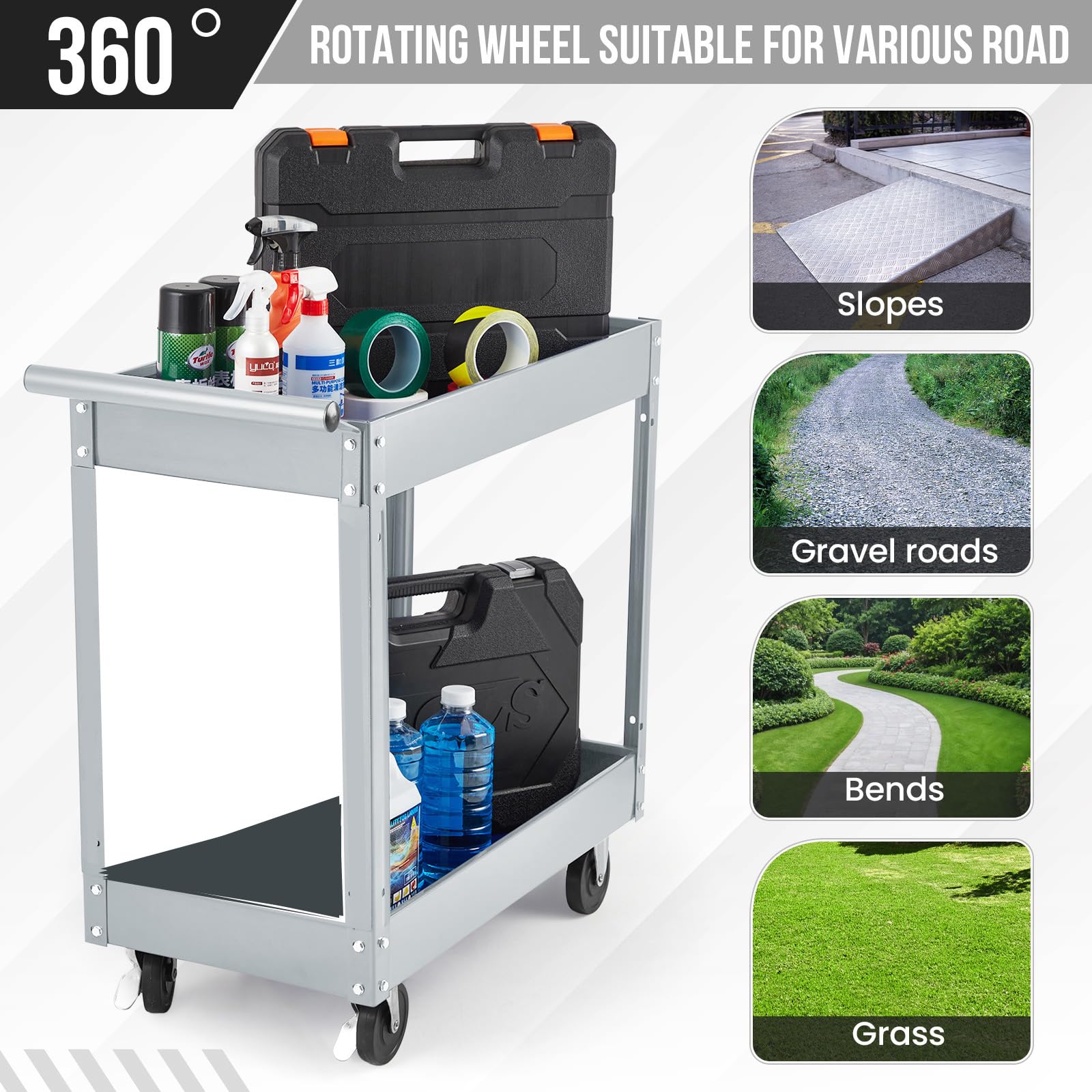 GARVEE 2 Tier Heavy Duty Rolling Tool Cart - 330 Lbs Capacity Steel Utility Cart with Wheels, 2 Shelf Metal Storage Organizer for Mechanics, Garage, Workshop, Warehouse & Auto Repair | Perfect for Tool Organization, Mobile Workstations & Industrial Workspaces
