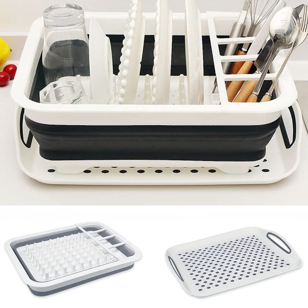 Foldable Dish Drying Rack with Drainboard - Space Saving Collapsible Kitchen Organizer for Dishes, Utensils & Cups - Perfect for Small Kitchens, RVs, Campers & Apartments - Durable Stainless Steel Dish Drainer for Countertop Storage