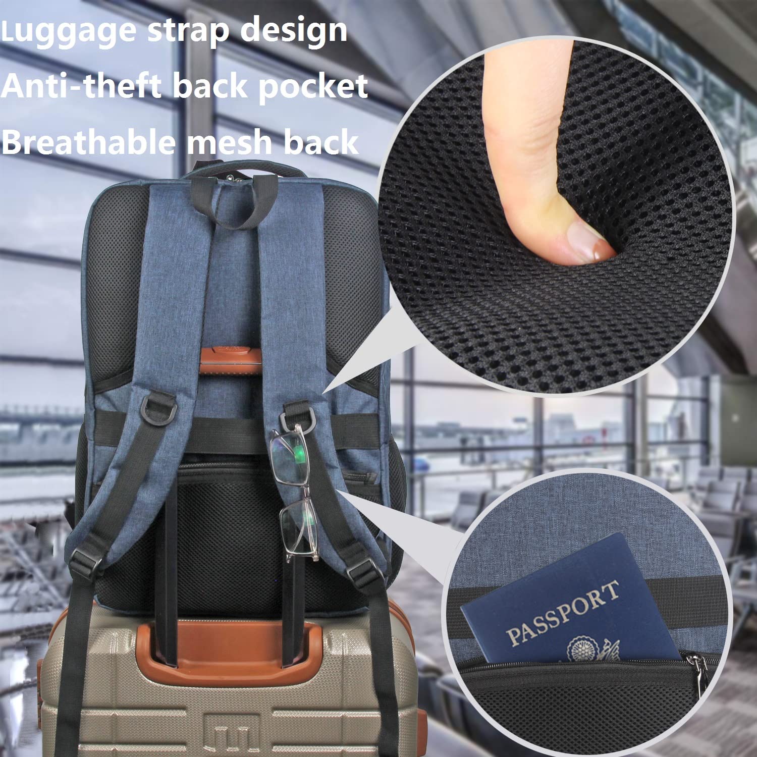 17 Inch Laptop Backpack for Business Travel - USB Charging Port & Anti-Theft Pocket - Navy Blue - Perfect for Work, College & Daily Commute