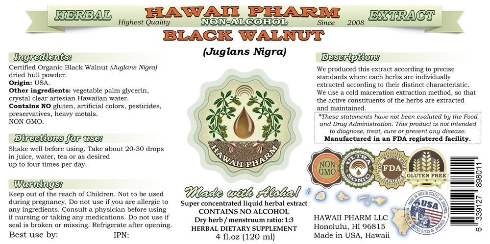 Organic Black Walnut (Juglans Nigra) Alcohol-Free Liquid Extract - Natural Herbal Supplement for Digestive & Skin Health - 2x32 oz Unfiltered Glycerite by Hawaii Pharm - Perfect for Detox, Parasite Cleanse & Natural Remedies