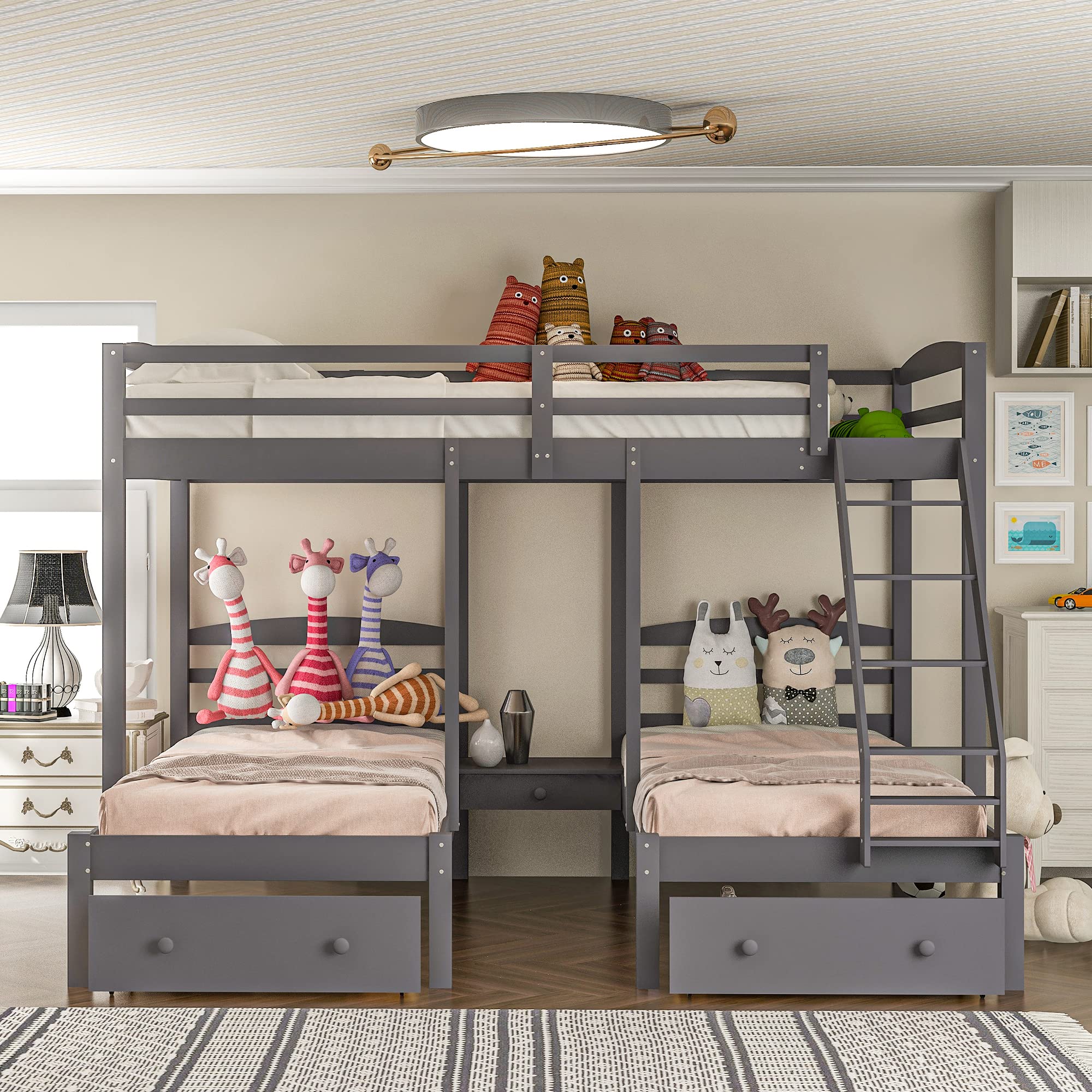 P PURLOVE Full Over Twin and Twin Wood Triple Bunk Bed Frame with Storage Drawers, No Box Spring Needed - Space-Saving Kids Bedroom Furniture for Shared Rooms & Sleepovers (Gray)