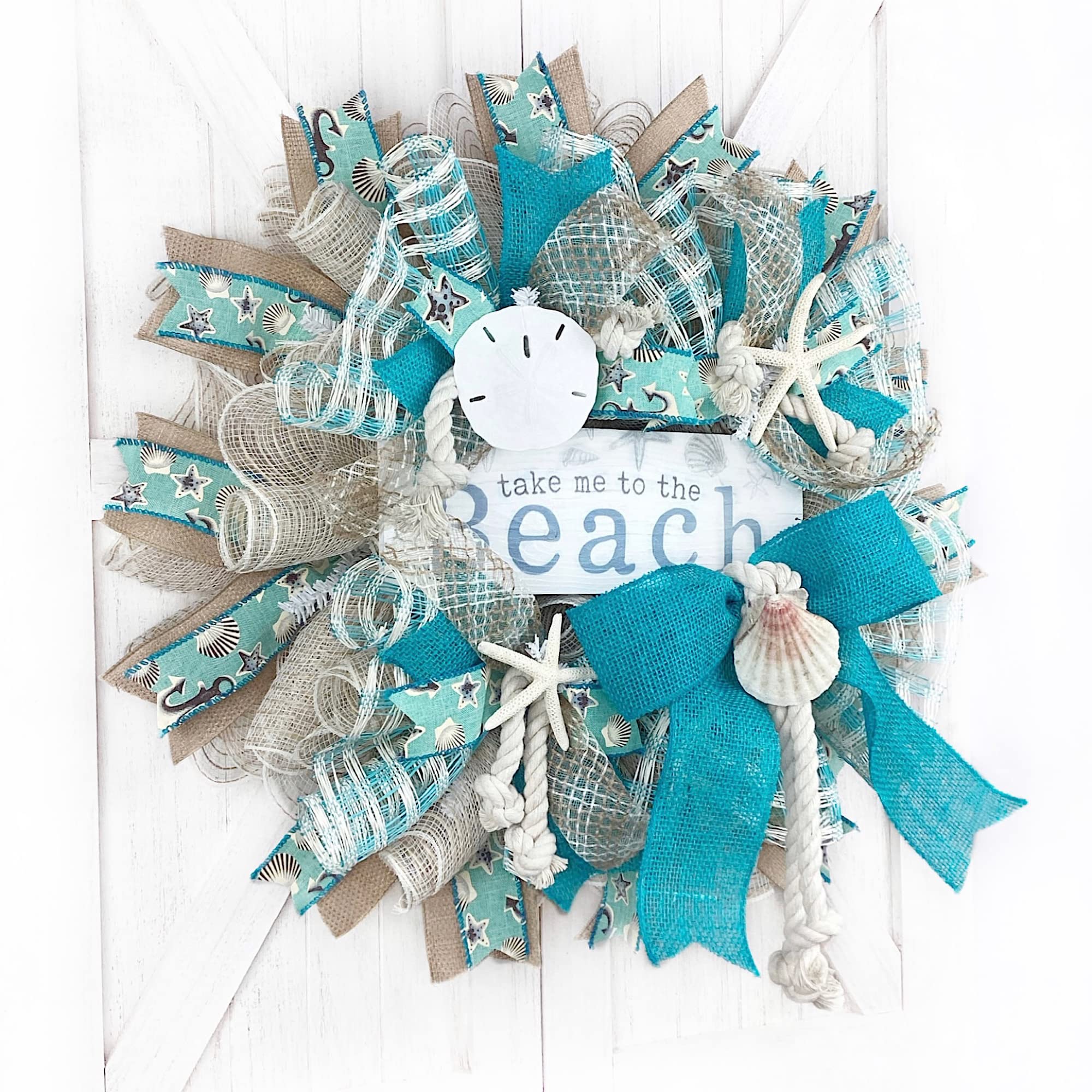 Handmade Coastal Beach Wreath with White Sand Deco Mesh, Starfish, Shells & Sand Dollars - Perfect for Porch, Door Decor & Summer Home Decorating