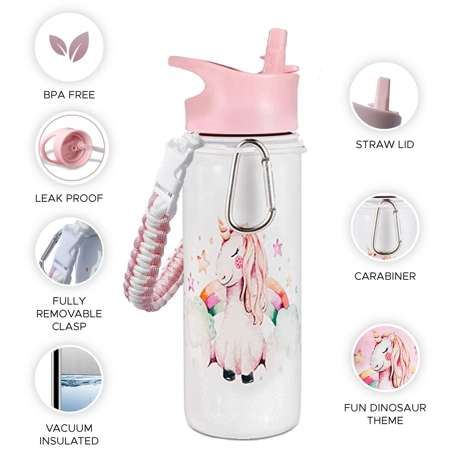 18oz Unicorn Stainless Steel Water Bottle - Leak Proof, 36-Hour Cold Retention, Dishwasher Safe, Wide Mouth with Straw & Removable Handle - Double Wall Vacuum Insulated for School, Gym, Hiking & Outdoor Activities