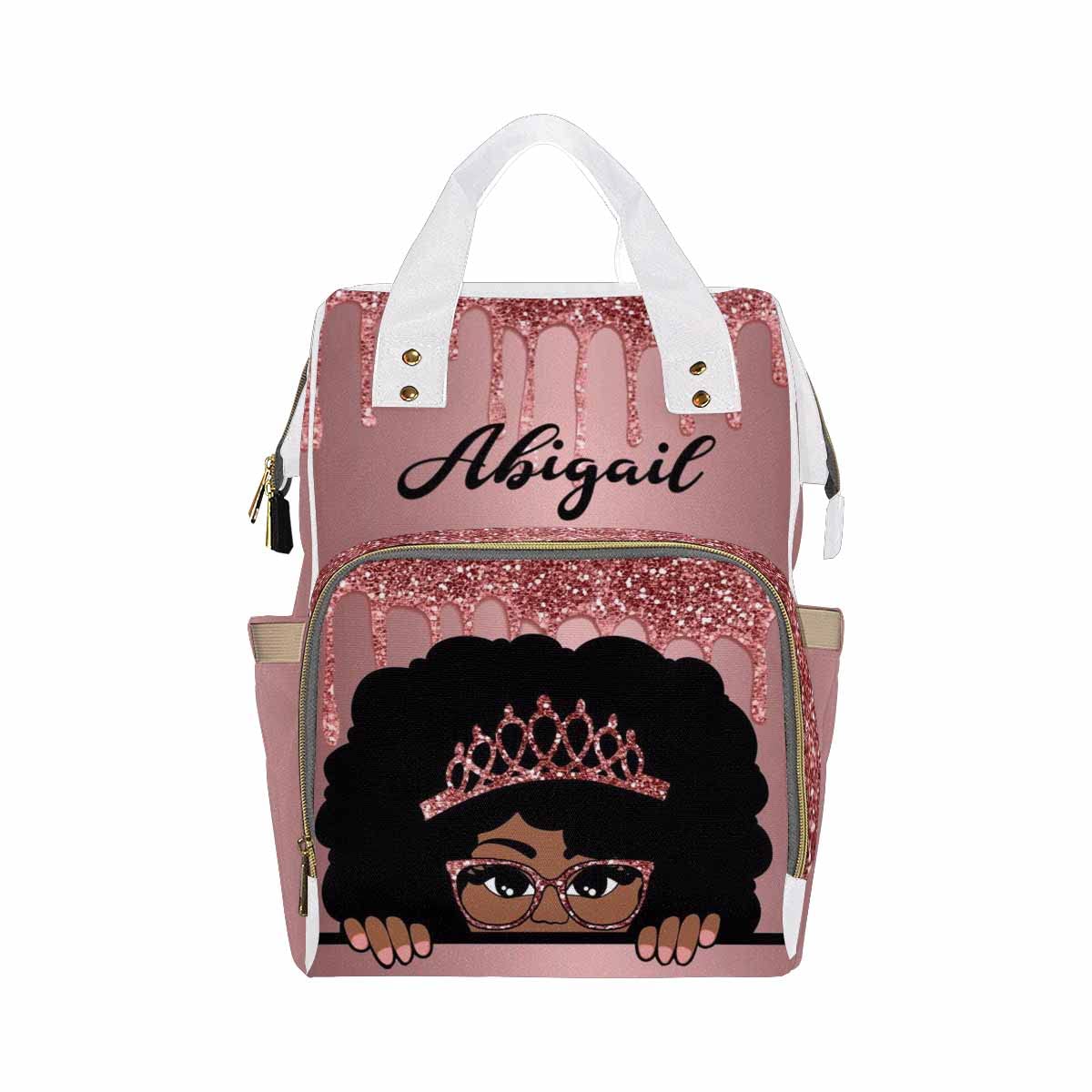 Custom Personalized Pink Glitter Diaper Bag with Name - American African Princess Mommy Backpack for Travel & Casual Use - Large Capacity Laptop Bag for Women - Perfect for Moms, Daycare & Work Commute