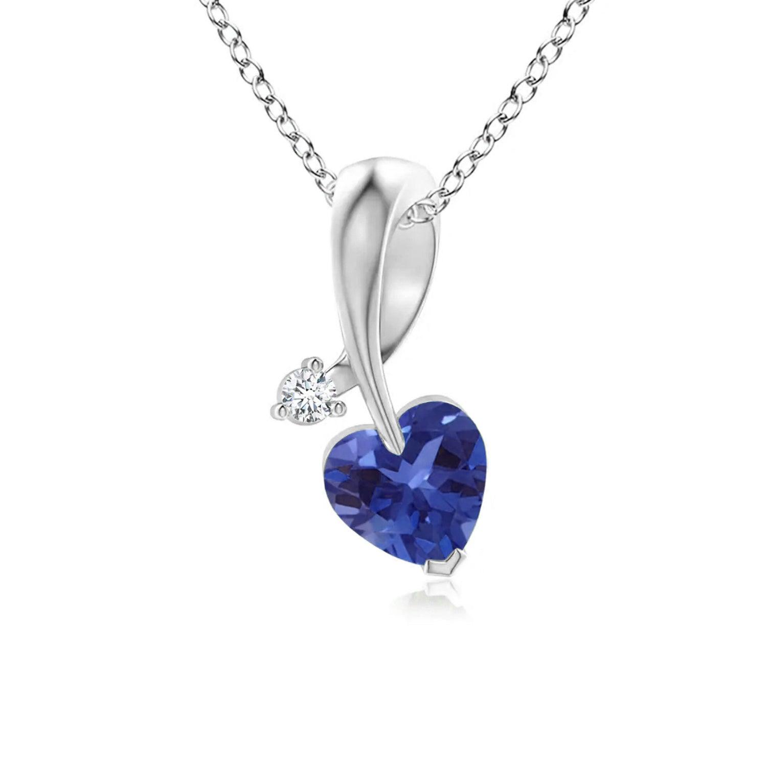 1 Carat Heart Shaped Blue Sapphire and Diamond Ribbon Pendant Necklace - Perfect for Valentine's Day Gifts, Anniversary Presents & Romantic Occasions