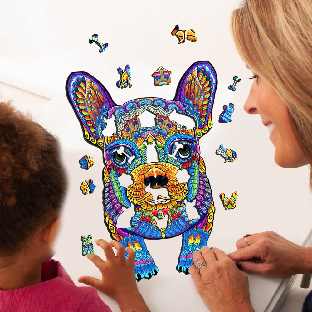 Premium Wooden Jigsaw Puzzle for Adults & Kids - Bulldog Animal Shaped 153-Piece Puzzle with Wooden Storage Box (11.6x8 Inches) - Fun Brain Teaser, Birthday Gift & Family Game Night Activity