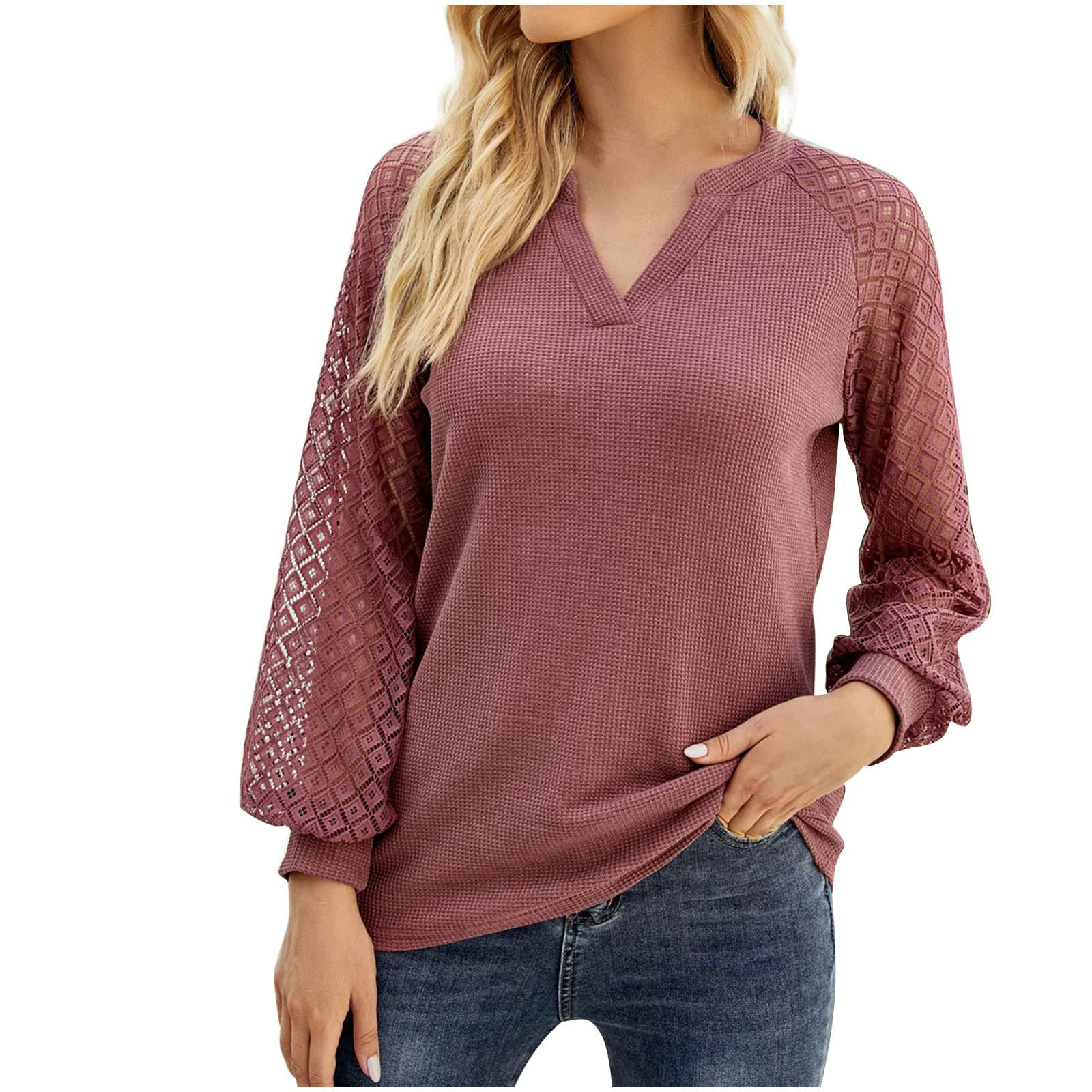 Women's Hollow Out Long Sleeve V-Neck Waffle Knit Top - Casual Loose Fit Comfortable Business Blouse Shirt for Work & Office Wear | Perfect for Layering in Fall & Winter