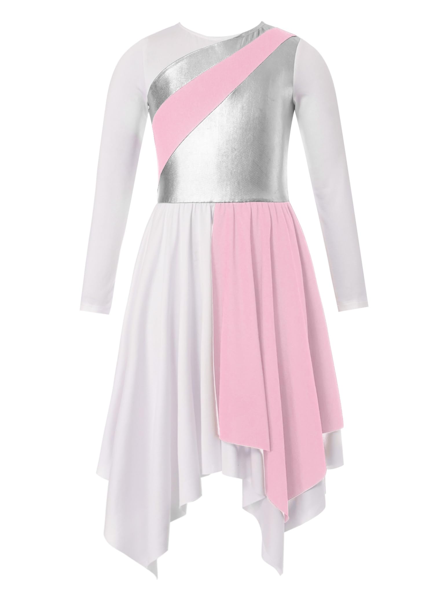 Girls Long Sleeve Metallic Praise Dance Dress - Liturgical Worship Costume with Asymmetrical Design for Church Performances & Sunday Services