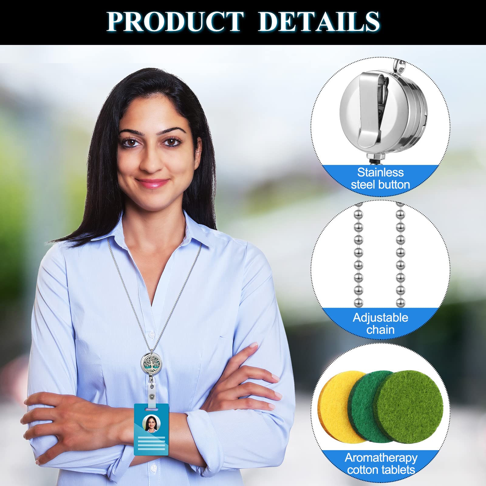 2-Pack Retractable ID Badge Lanyard with Essential Oil Diffuser - Silver Stainless Steel Keychain for Nurses & Professionals