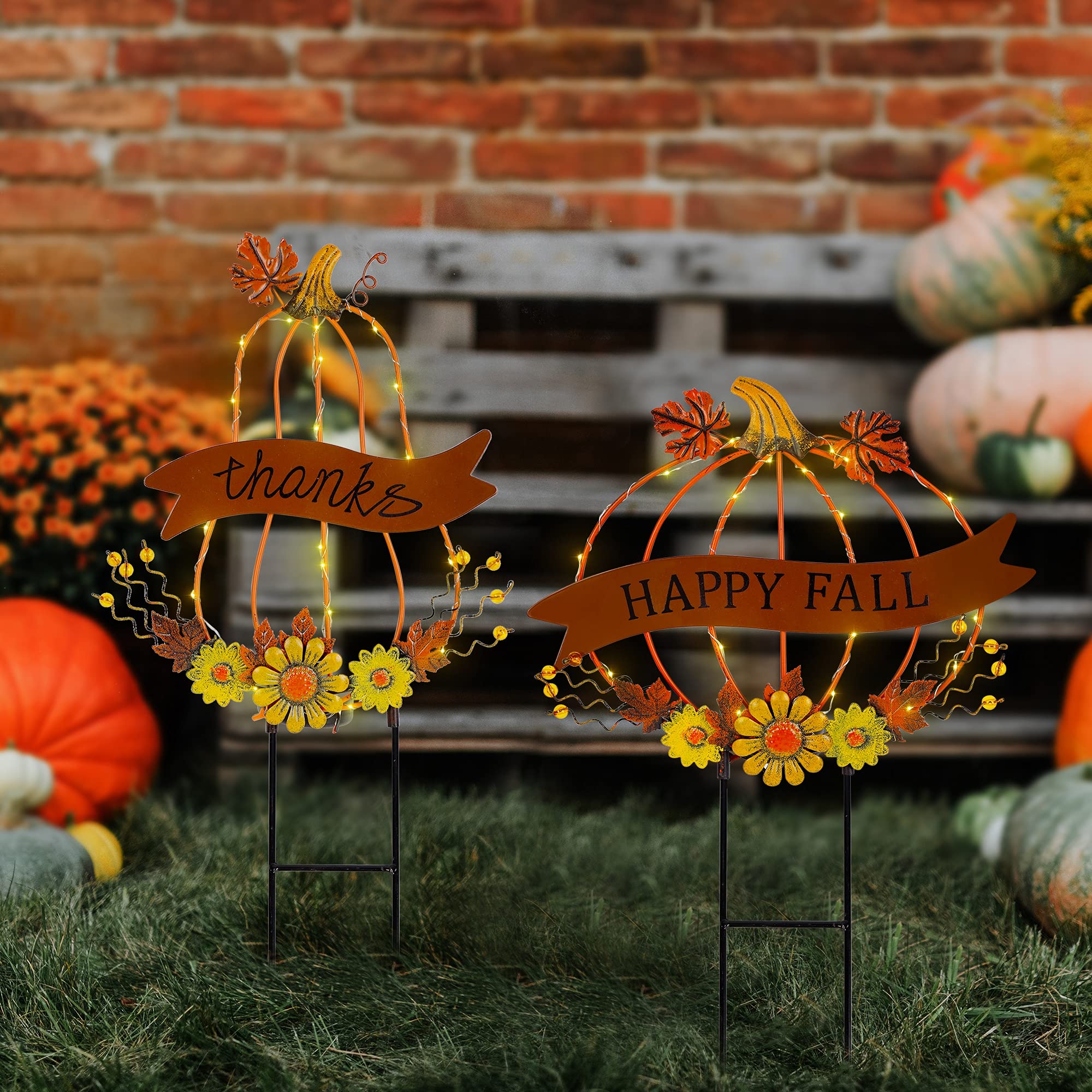 Juegoal 2 Pack Solar Powered Metal Pumpkin Garden Stakes - Outdoor Fall Decorations with LED Lights for Thanksgiving & Autumn Yard Decor - Perfect for Halloween, Harvest Festival & Seasonal Home Decoration