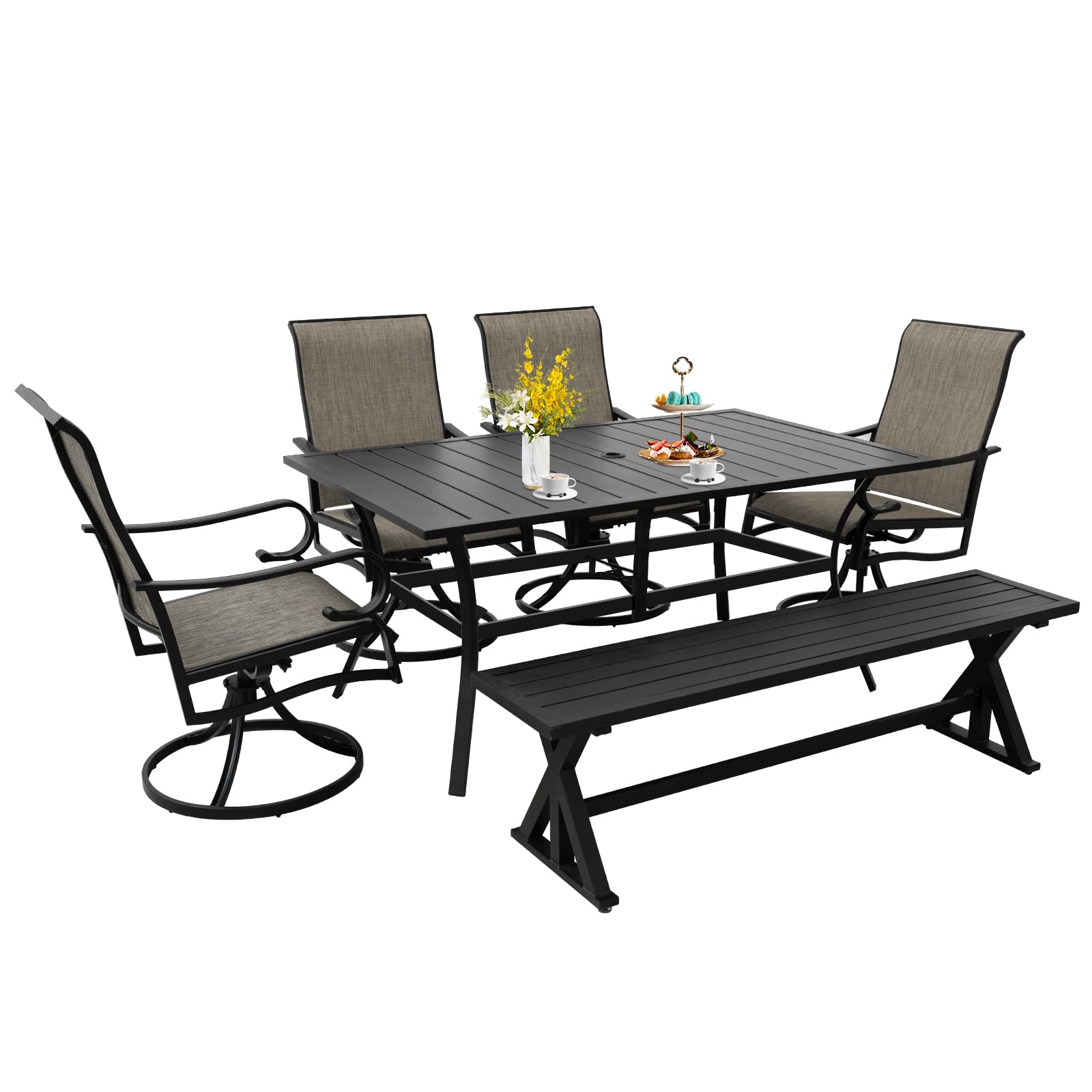 6-Piece Patio Dining Set with Swivel Chairs & Bench - Outdoor Garden Furniture for Backyard, Porch, Deck & Lawn - Perfect for Al Fresco Dining & Entertaining