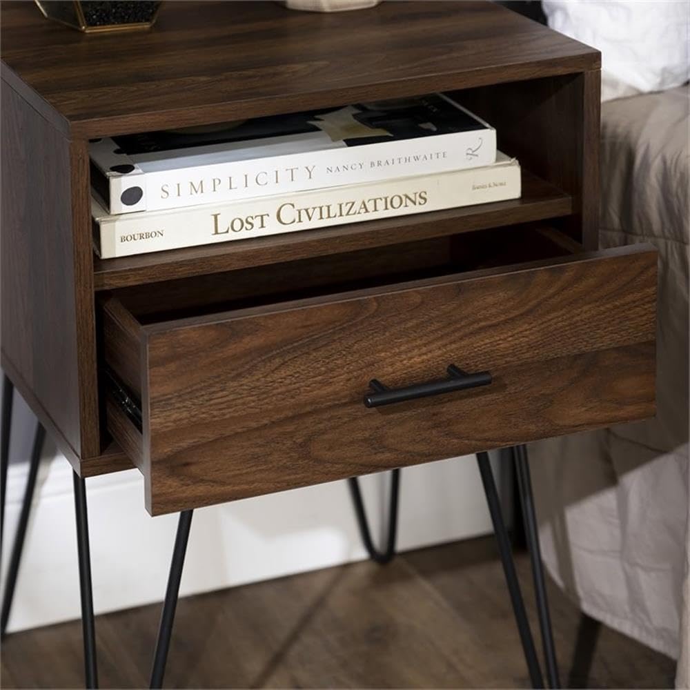 Walker Edison Hadley 2-Piece Mid-Century Modern Metal Hairpin Leg Side Table Set with 1 Drawer - Dark Walnut Finish - Perfect for Living Room, Bedroom or Office (2 Pack)