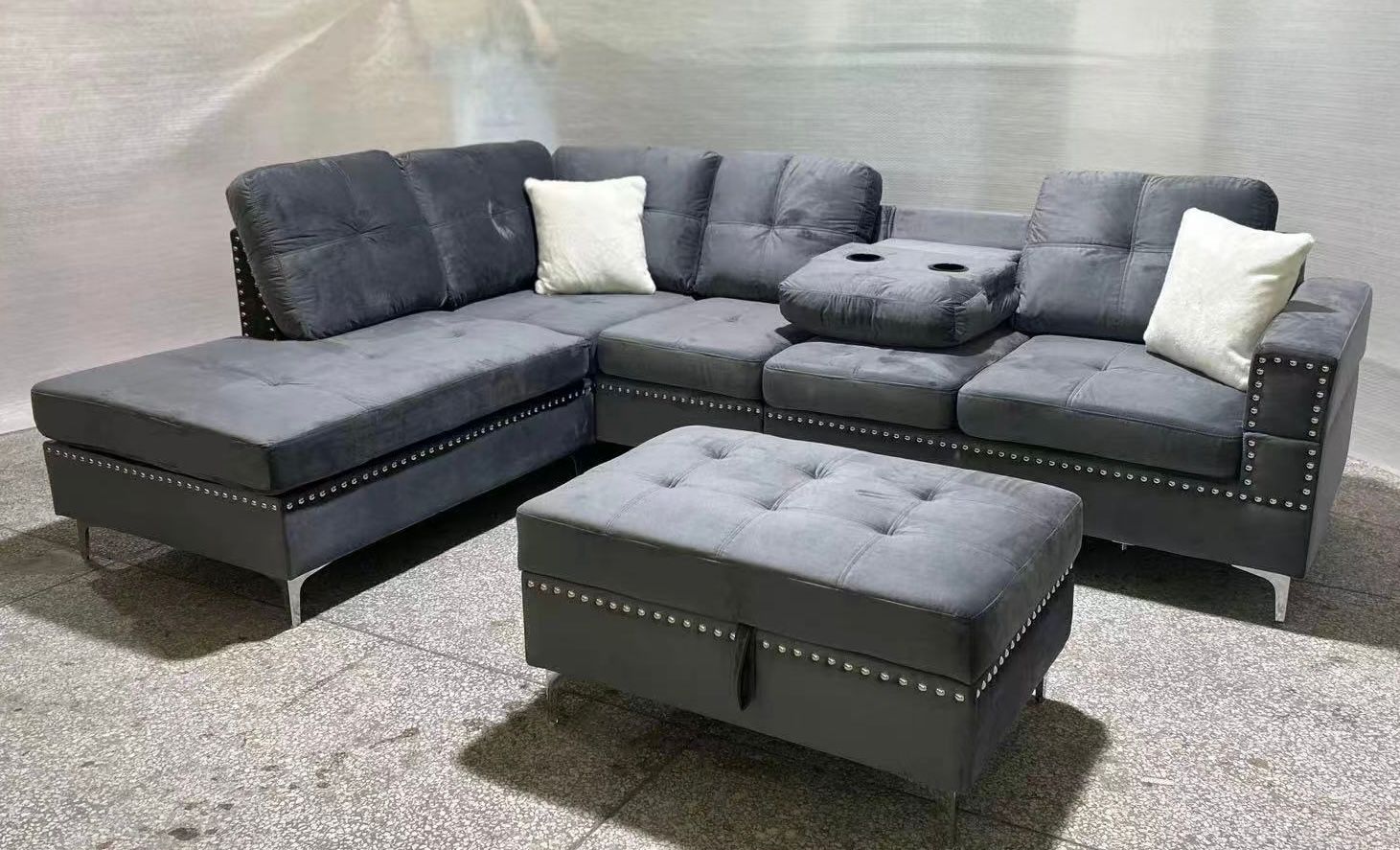 Luxury Grey Velvet Sectional Sofa with Drop Down Cup Holders & Throw Pillows - Model #2402 | Modern L-Shaped Couch for Living Room, Home Theater & Lounge Areas