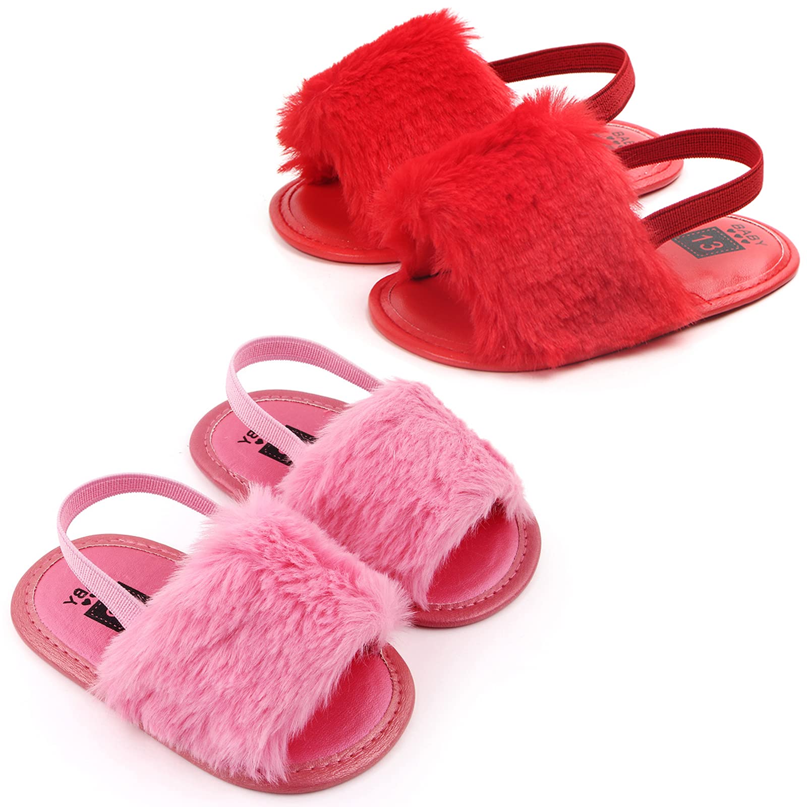 2 Pack Baby Girls Sandals - Soft Elastic Back Strap Flats with Faux Fur, First Walker Slippers for Toddlers - Perfect for Indoor Play, Princess Dress Up & Comfortable House Shoes