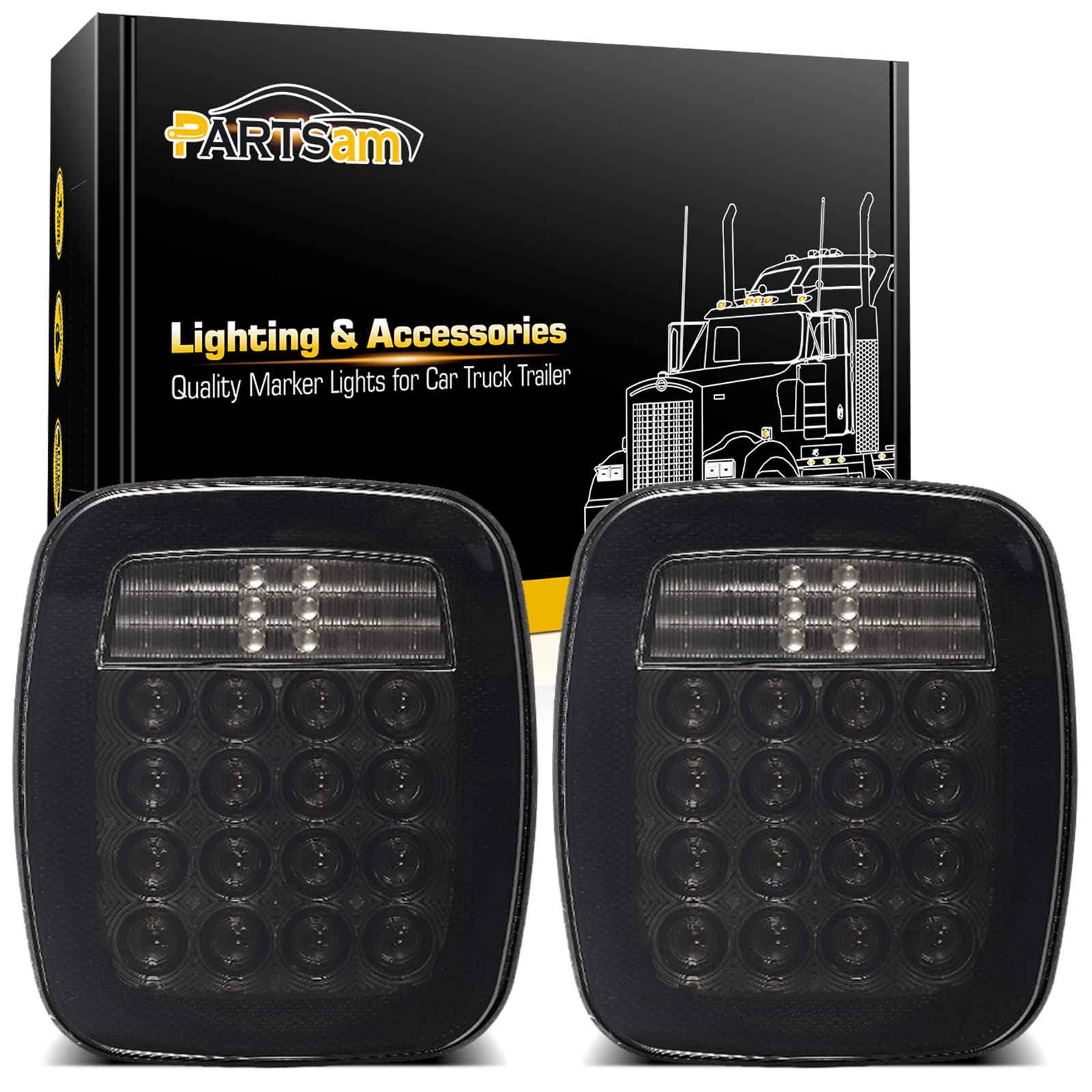 Partsam 2Pcs Universal Smoked Square 38 LED Combination Tail Lights with License Plate Lights - Compatible with Wrangler CJ TJ YJ, Flatbed Trucks - Brake, Stop, Turn, Reverse Lights - 12V - Perfect for Off-Roading, Truck Upgrades & Nighttime Safety