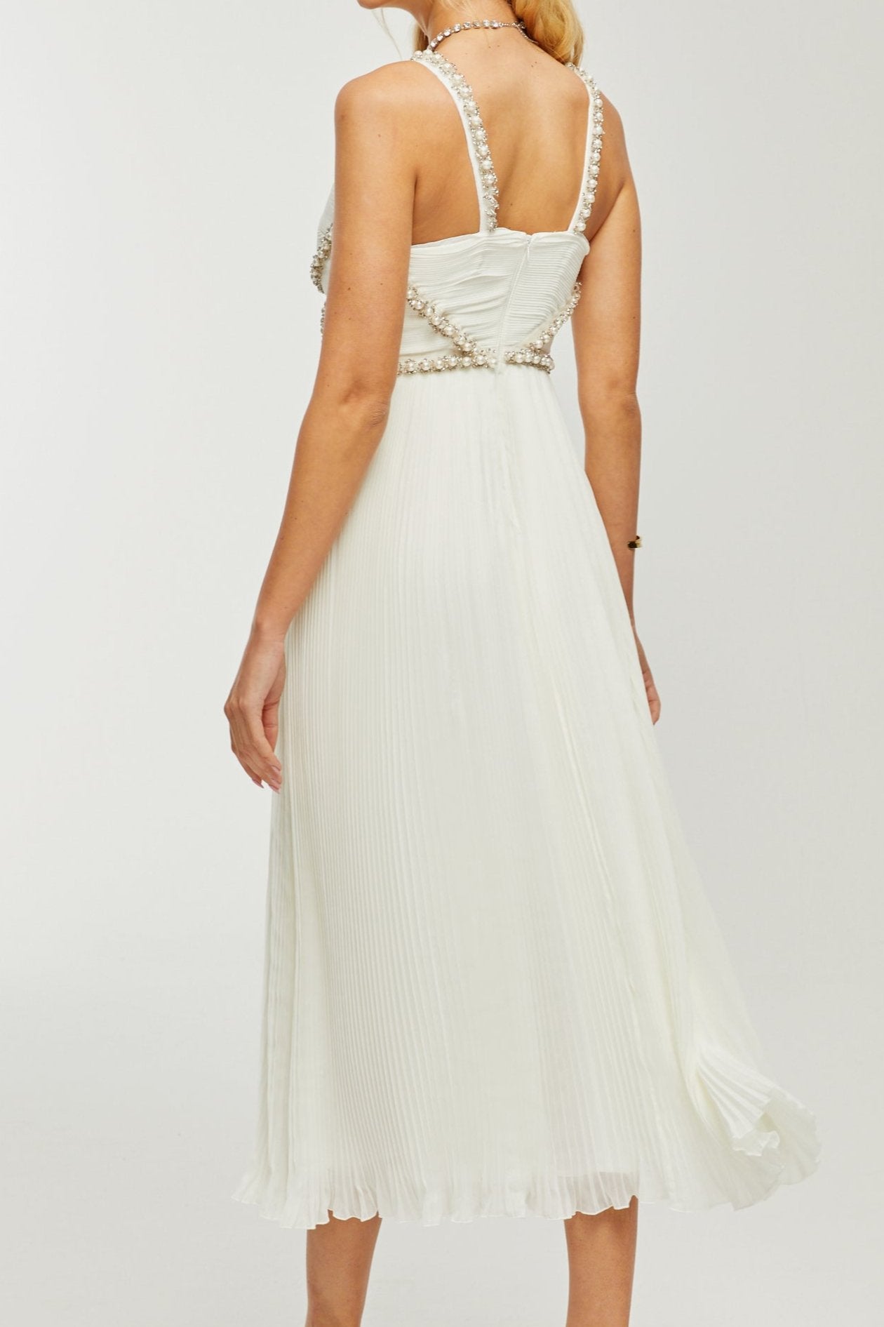 Elegant Hermine V-Neck Faux Pearl Embellished Midi Dress for Women - Perfect for Weddings, Parties & Special Occasions