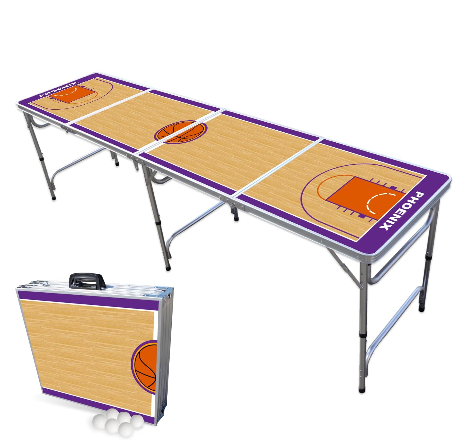 8-Foot Folding Portable Beer Pong Table with Cup Holders & LED Lights - Phoenix Basketball Court Design for Indoor/Outdoor Parties, Tailgates & Game Nights (Multiple Models Available)
