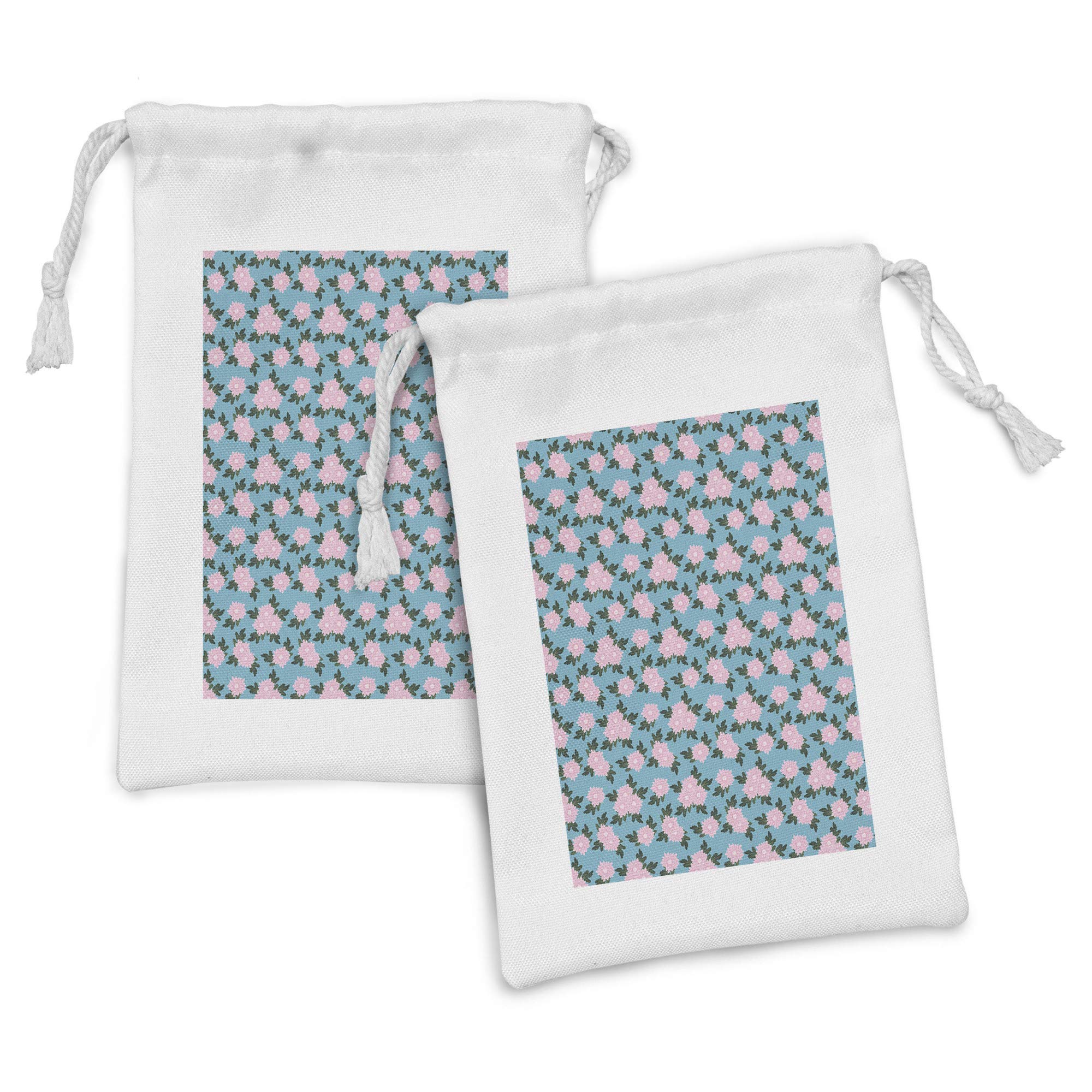 Ambesonne Blue and Pink Fabric Pouch Set of 2 - Small Drawstring Bags with Digital Chrysanthemum Print - 9
