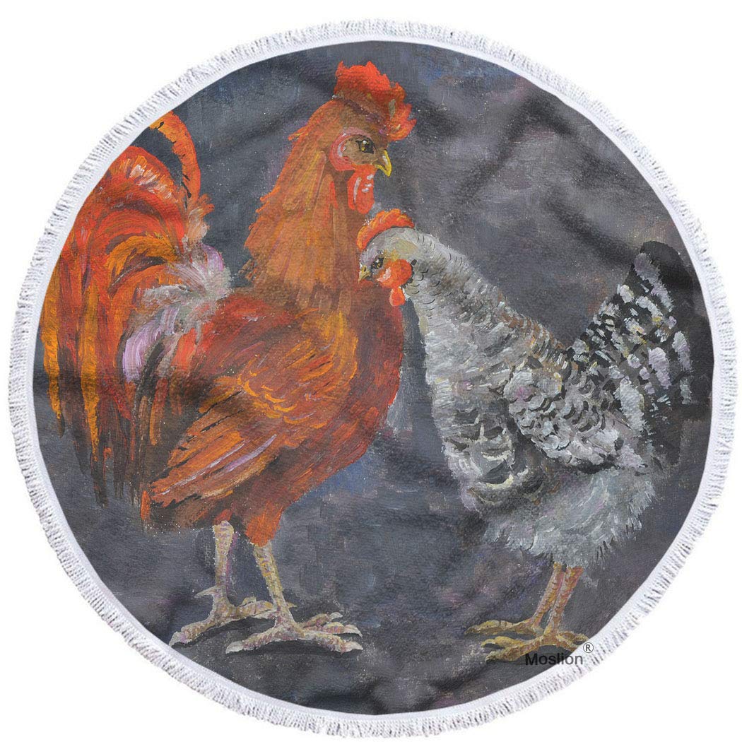 Moslion Oversized 63 Inch Round Beach Towel - Hand Drawn Rooster & Hen Oil Painting Design, Soft Microfiber Polyester, Farm Animal Theme - Perfect for Pool, Beach, Picnic, Yoga and Outdoor Activities