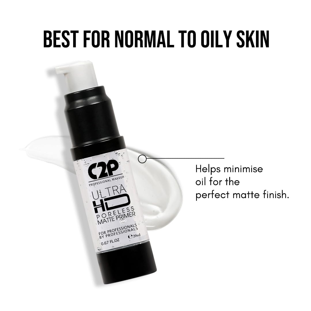 C2P Pro Ultra HD Poreless Matte Primer - Oil Absorbing & Hydrating Face Primer for Flawless Smooth Skin | Transparent Makeup Base (20ml) | Perfect for Daily Wear, Photo Shoots & Special Occasions