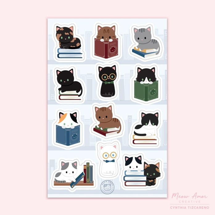 Book Cats Sticker Sheet - Cute Cat Stickers for Scrapbooking, Journals & Planners - Perfect for DIY Crafts, School Projects & Gift Decoration