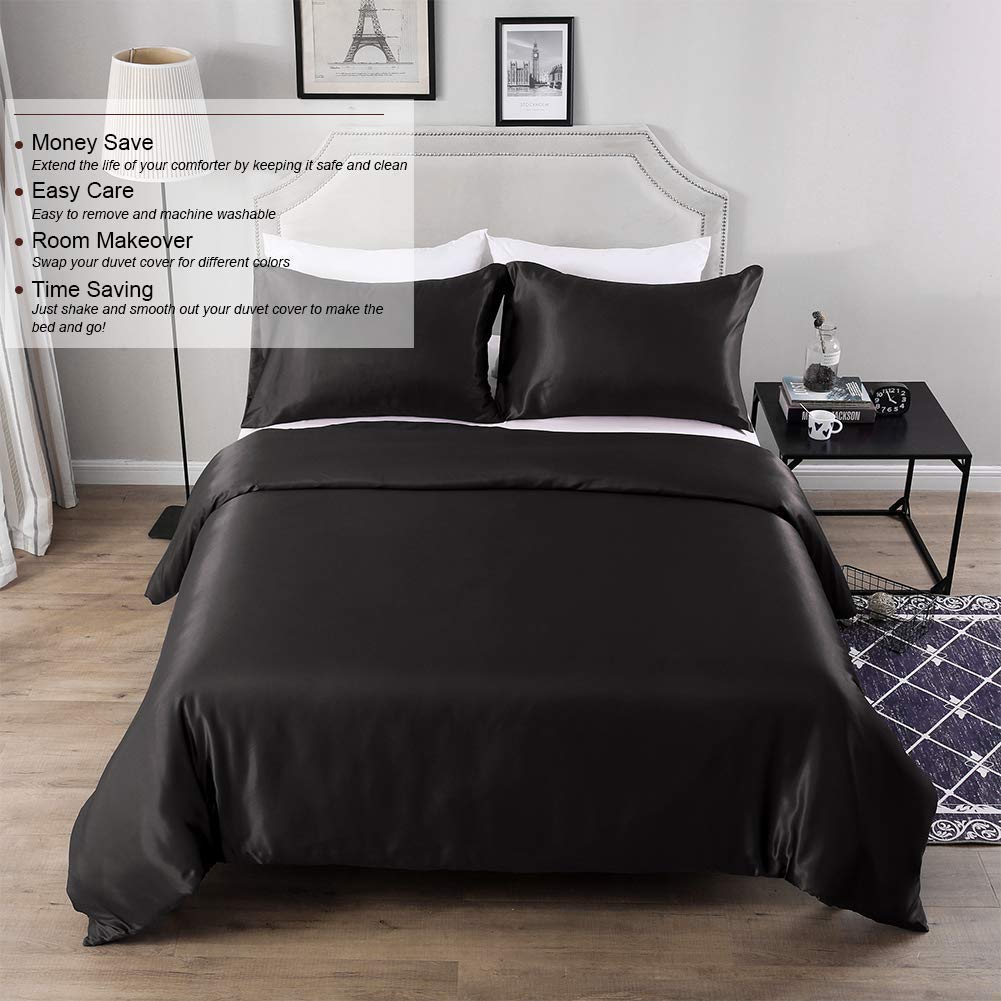100% Pure Silk Satin Duvet Cover Set with 2 Pillowcases - Wrinkle Free, Fade Resistant, Breathable & Hypoallergenic - Luxury Twin/Twin XL Size for Cool Comfort (Black) | Perfect for Hot Sleepers & Sensitive Skin