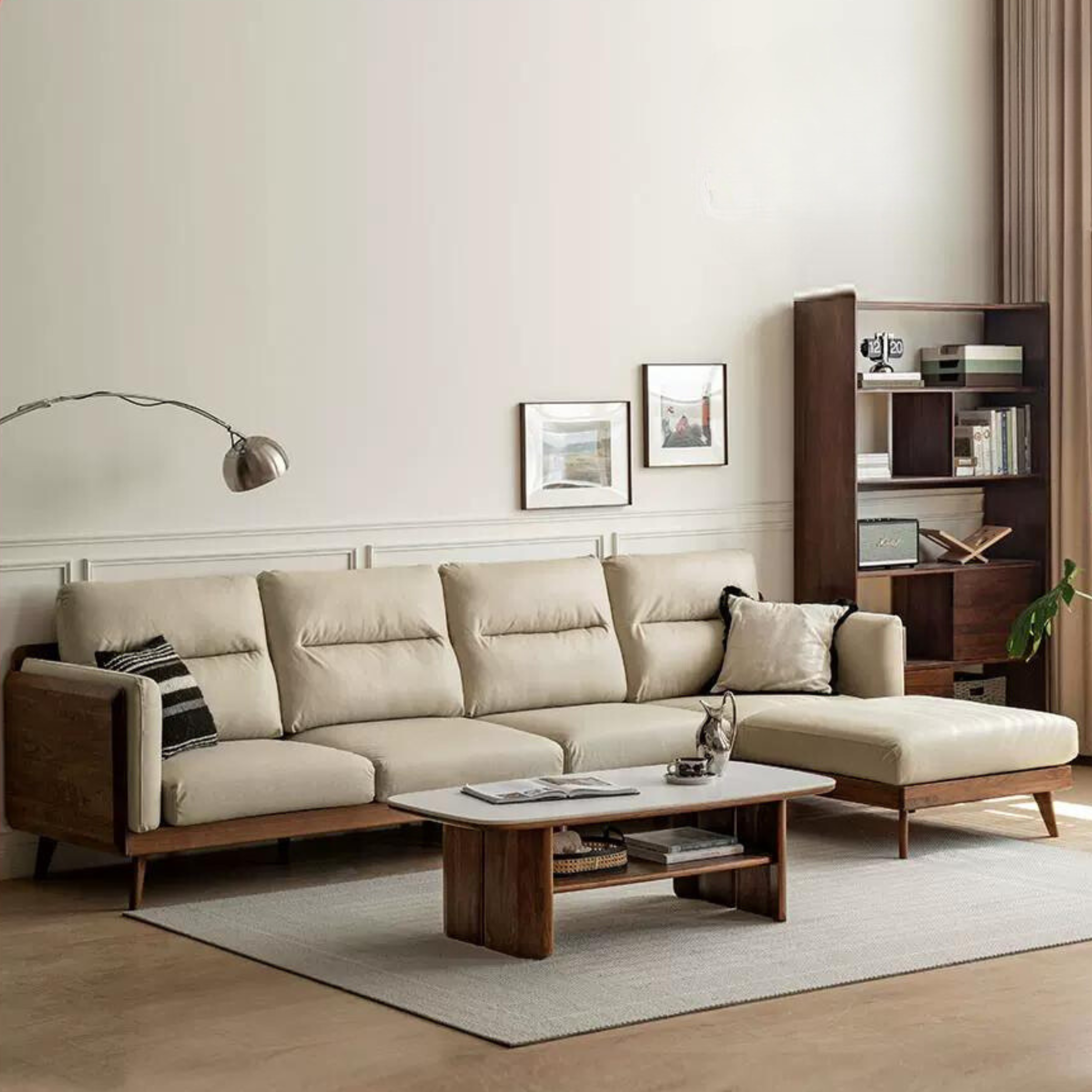 Premium Black Walnut Solid Wood Sofa with High-Tech Fabric Upholstery - Modern Living Room Furniture for Home & Office Comfort
