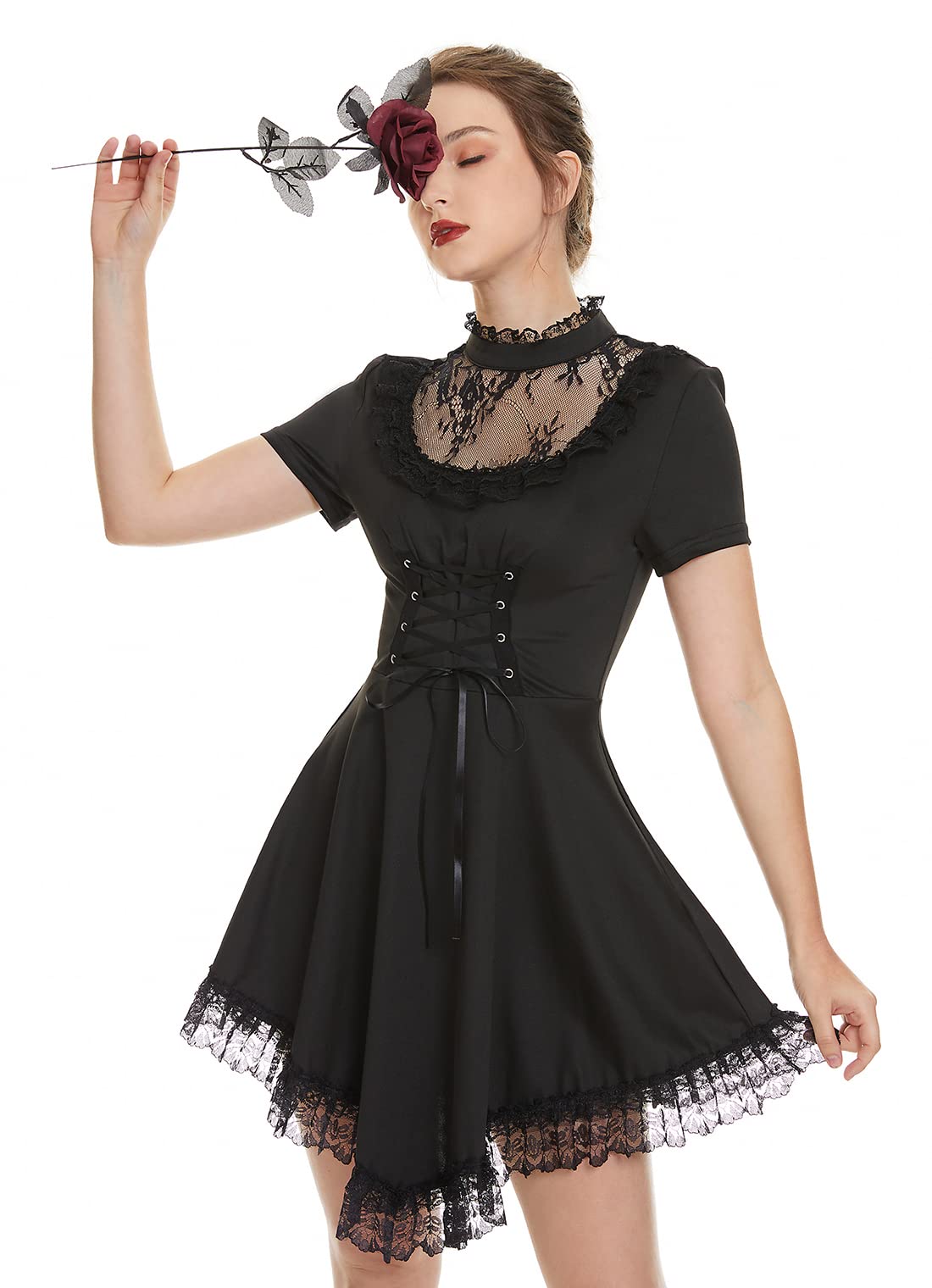 Gothic Vintage Grunge Lace-up Dress for Women - Classic Little Black Goth Dress | Perfect for Halloween, Cosplay, and Alternative Fashion