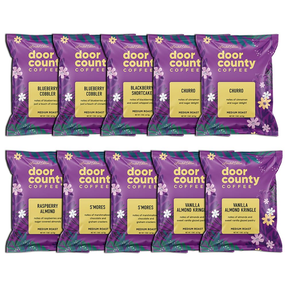 Gourmet Flavored Coffee Sampler Pack - 10 Unique Spring & Summer Flavored Coffees - Premium Roast by Door County Coffee - Perfect for Office, Home Brewing & Gifts