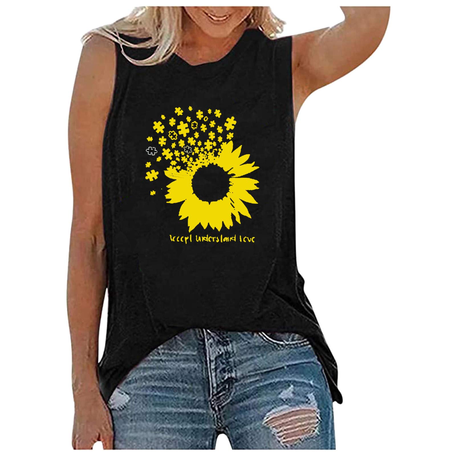 Sexy Sunflower Print Plus Size Women's Tank Tops - Summer Short Sleeve Tunic Tops for Casual Wear & Beach Outfits