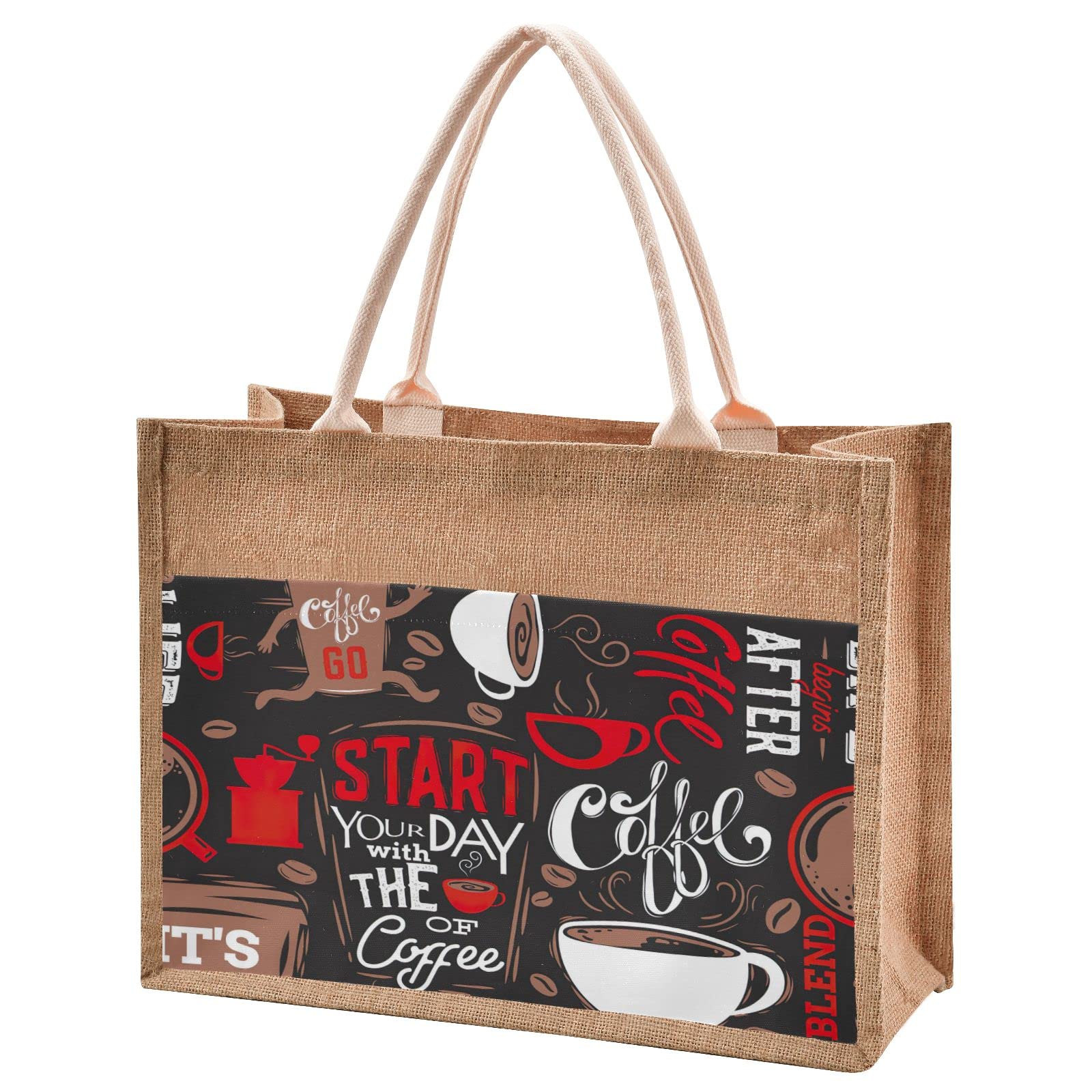Eco-Friendly Coffee Pattern Jute Tote Bag - Waterproof Burlap Straw Grocery Shopping Bag for Women, Reusable Beach Tote for Travel, Picnic & Farmers Market