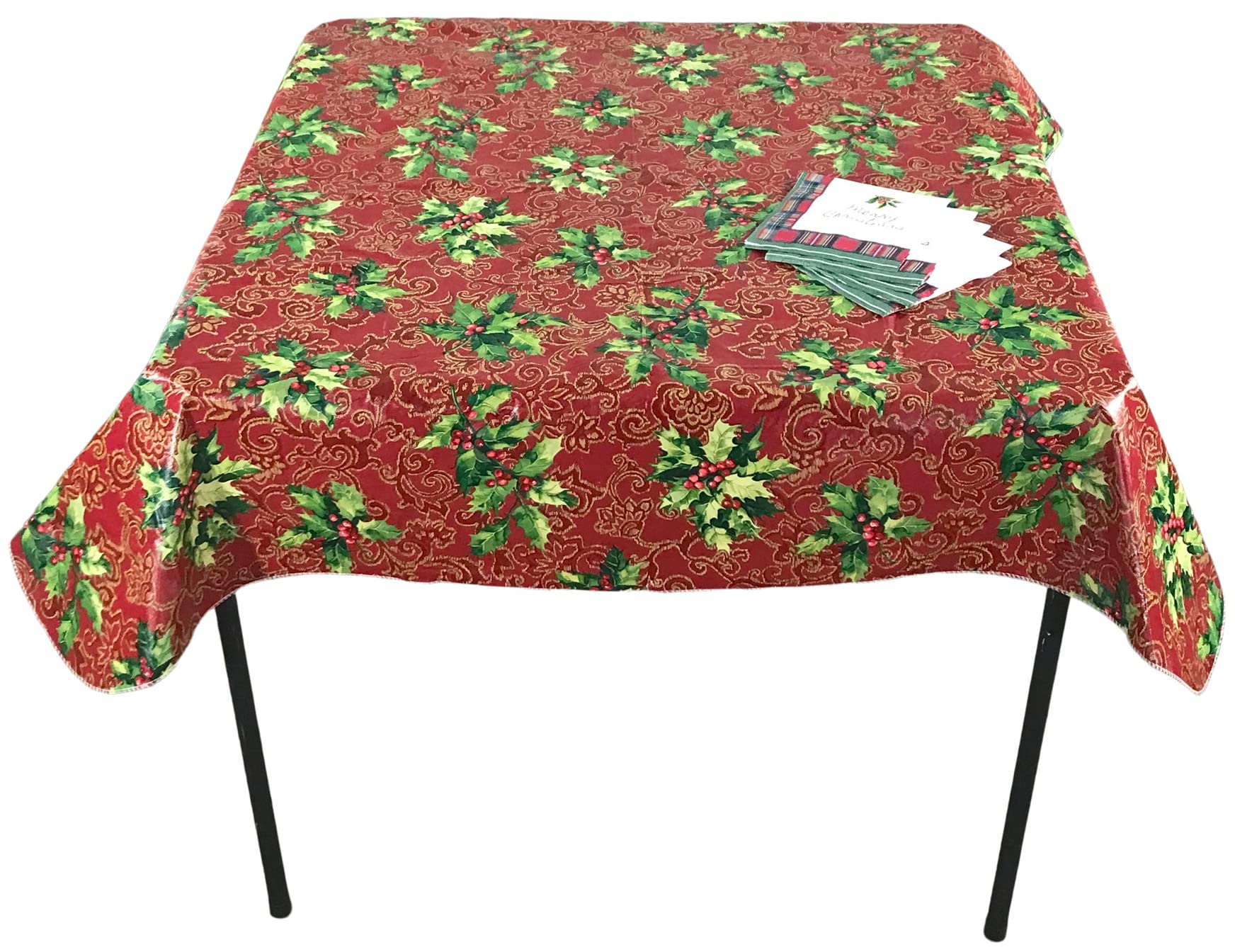 Serafina Home Holiday Christmas Vinyl Tablecloth - Traditional Holly Berries Design on Red Background (52