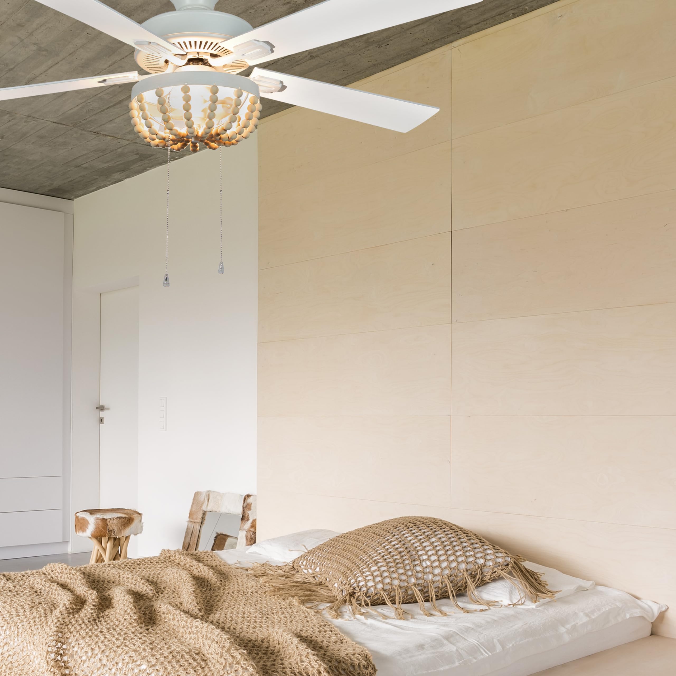 52 Inch Coastal Wooden Bead LED Ceiling Fan with Remote Control - Cream White Finish - Perfect for Beach House, Bedroom, Living Room & Patio Cooling
