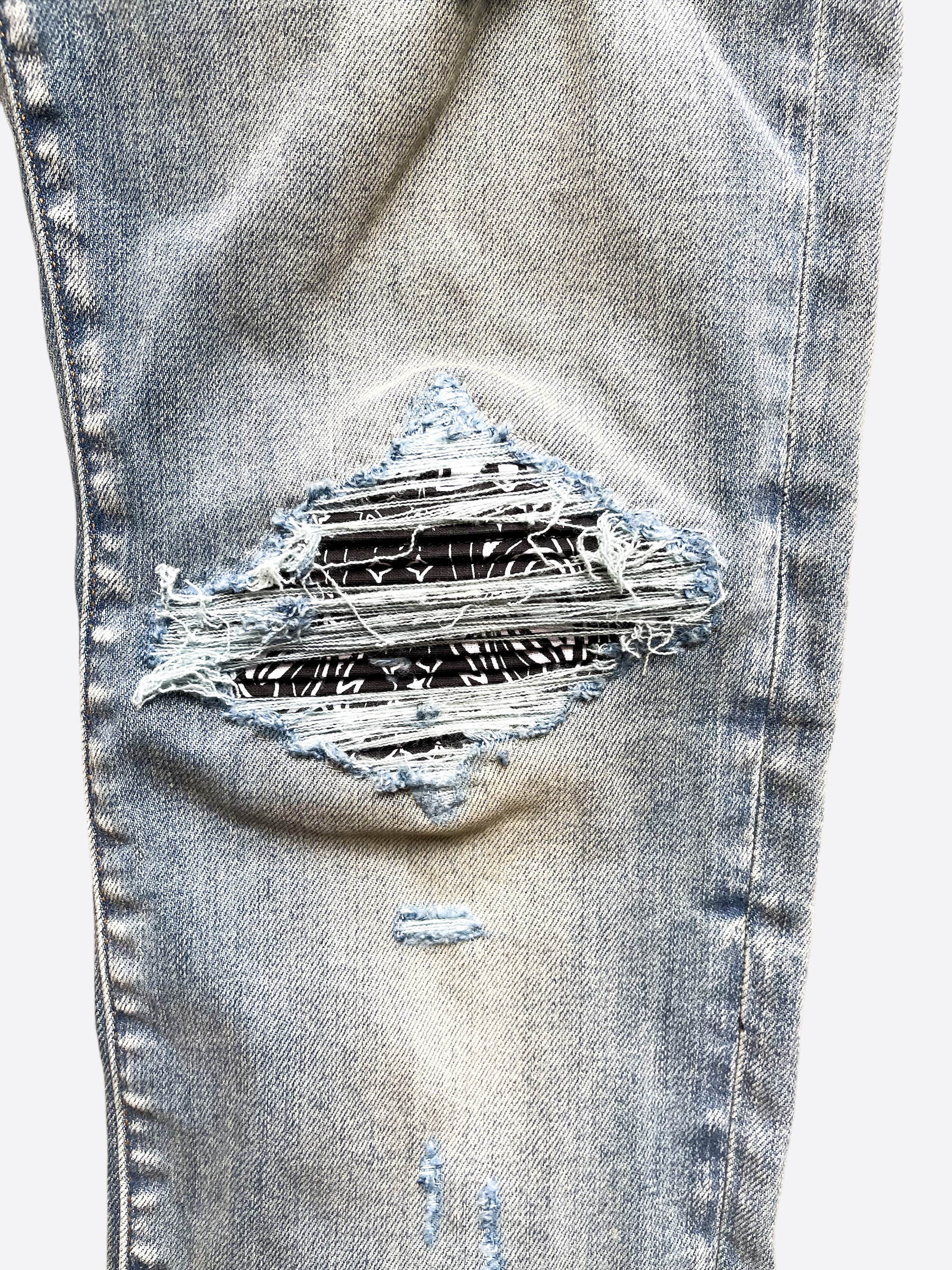 Amiri Blue Bandana Patch MX1 Distressed Denim Jeans for Men - Vintage Washed Slim Fit Ripped Skinny Jeans | Perfect for Streetwear, Casual Outfits & Night Out Looks