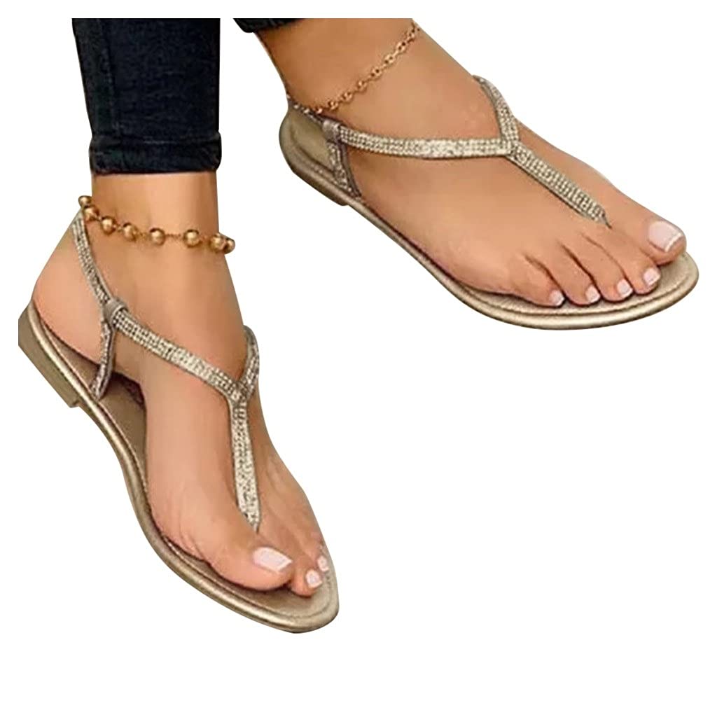 Women's Casual Summer Sandals with Buckle Strap - Open Toe Beach Sandals with Rhinestones - Roman Style Flat Sandals for Walking, Travel & Vacation
