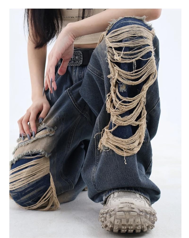 Y2K Gothic Black Baggy Jeans - High Waist Vintage Ripped Pants for Casual Streetwear
