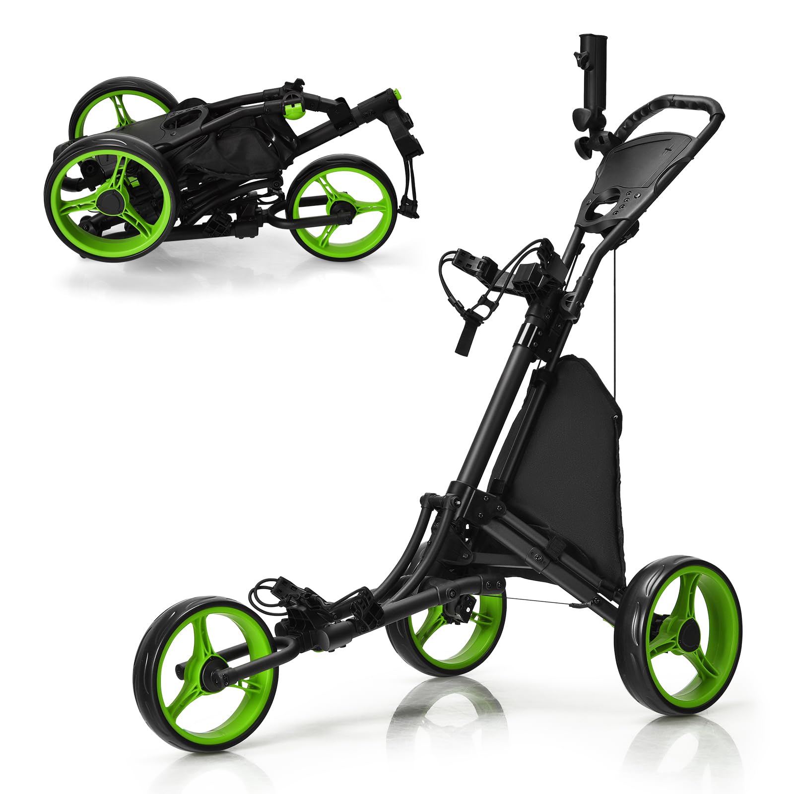 Tangkula Lightweight Aluminum Golf Push Cart - 3 Wheel Collapsible Golf Trolley with Elastic Strap, Umbrella Holder, Cup Holder & Foot Brake | Portable Golf Caddy for Men & Women | Perfect for Golf Course, Driving Range & Outdoor Practice