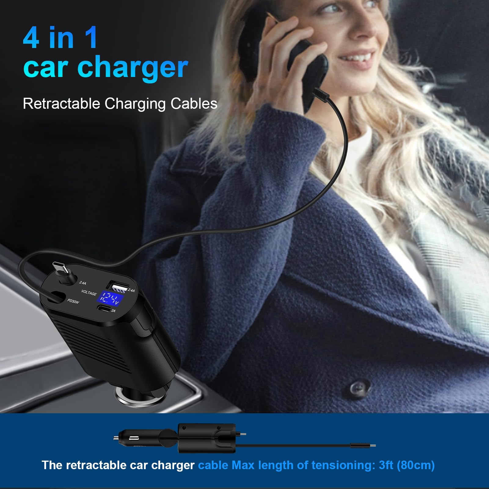 45W Fast Charging Retractable Samsung Car Charger - USB C 4-in-1 Adapter for iPhone 16/15 Pro Max, Galaxy S25/S24/S23/S22/S21/S20 Ultra FE/Z Flip/Fold 6, Google Pixel 9/8/7/6 Pro - Perfect for Road Trips & Daily Commutes