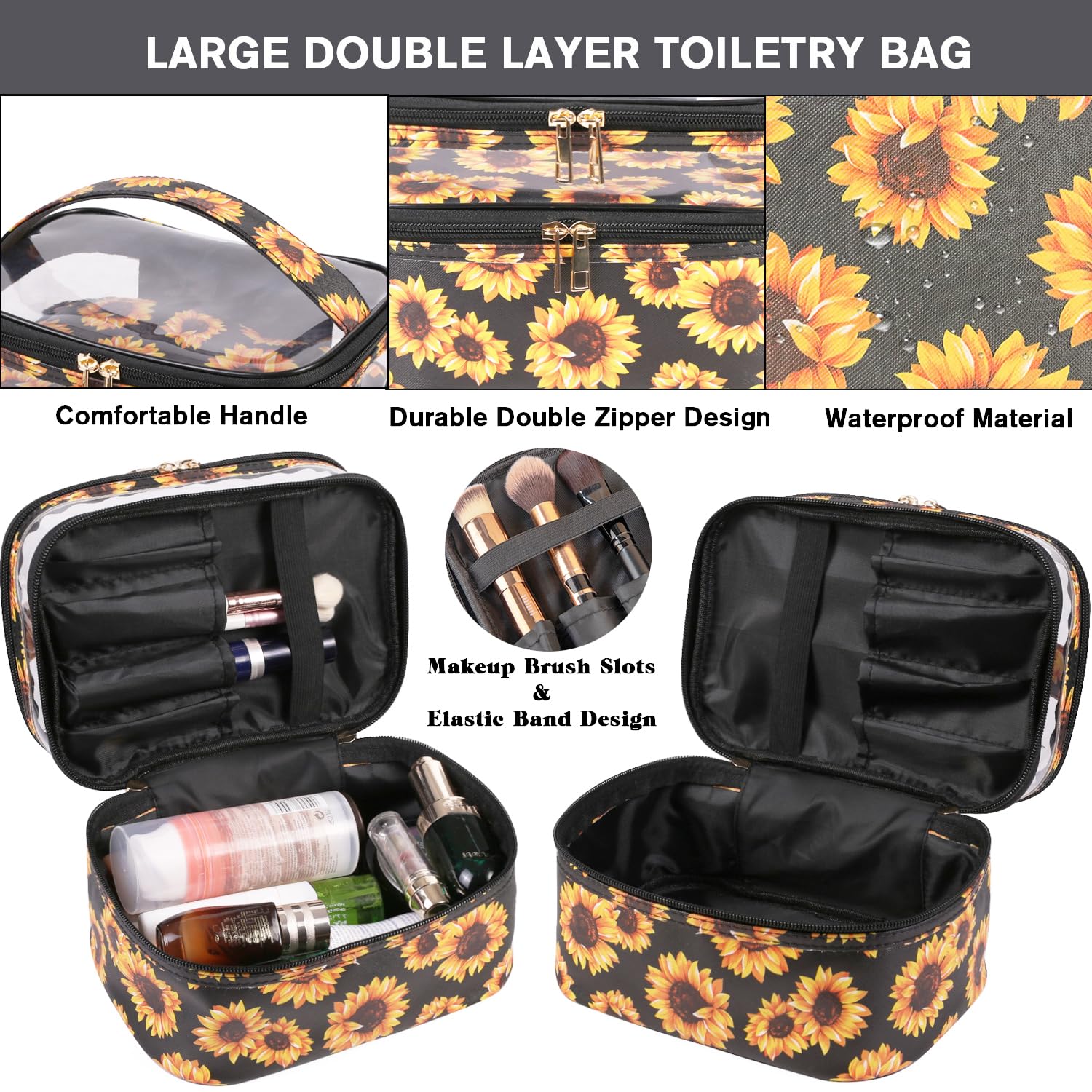 FITINI Double Layer Makeup Bag for Travel - Large Water-Resistant Cosmetic Organizer & Toiletry Case with Brush Holder - Perfect for Women's Makeup Storage, Sunflower Design | Ideal for Travel, Gym, and Daily Beauty Essentials