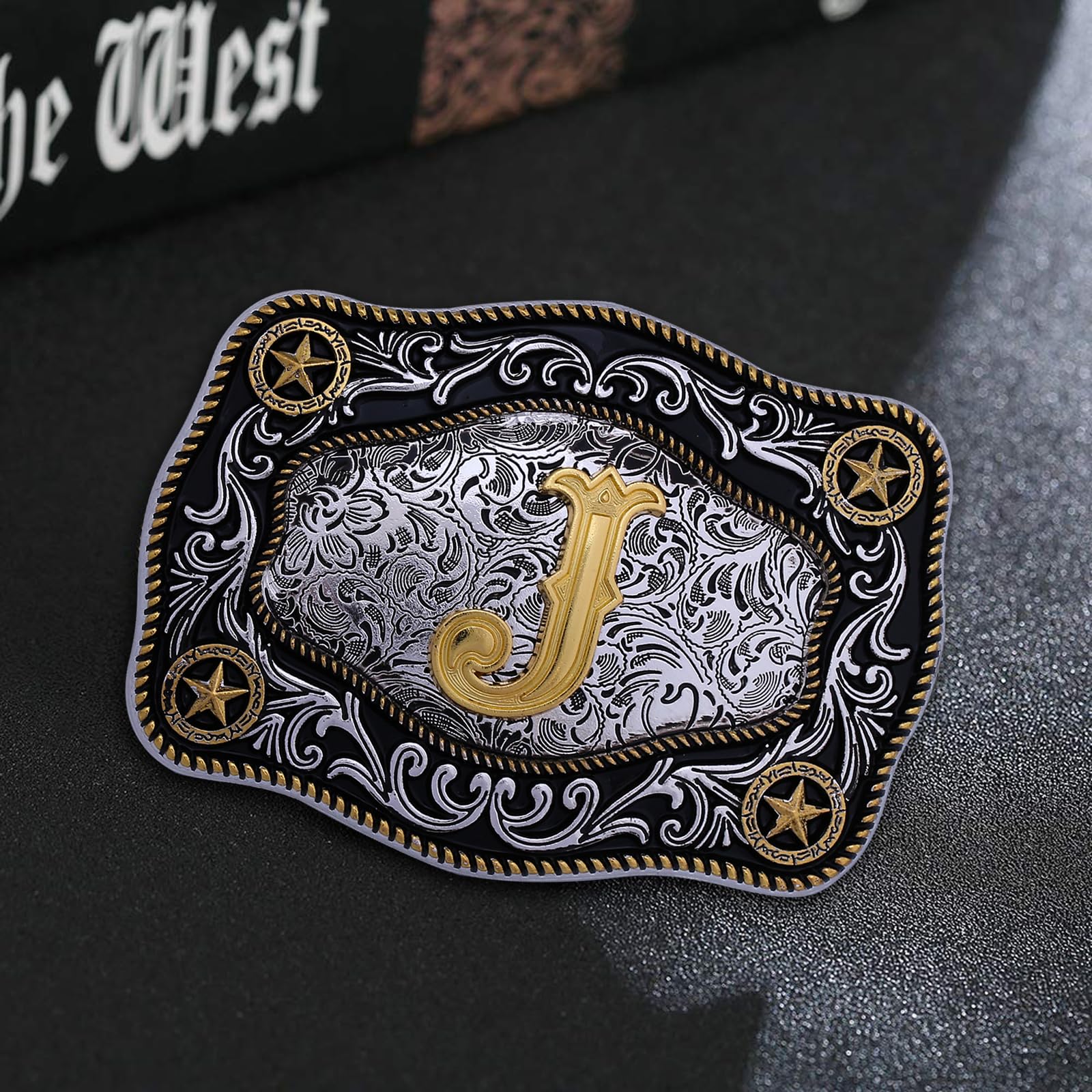 Custom Initial Western Belt Buckle for Men & Women - Large Gold Cowboy Belt Buckles A to Z (ABC, DJ, MR) - Perfect for Rodeo, Country Music Festivals & Western Fashion
