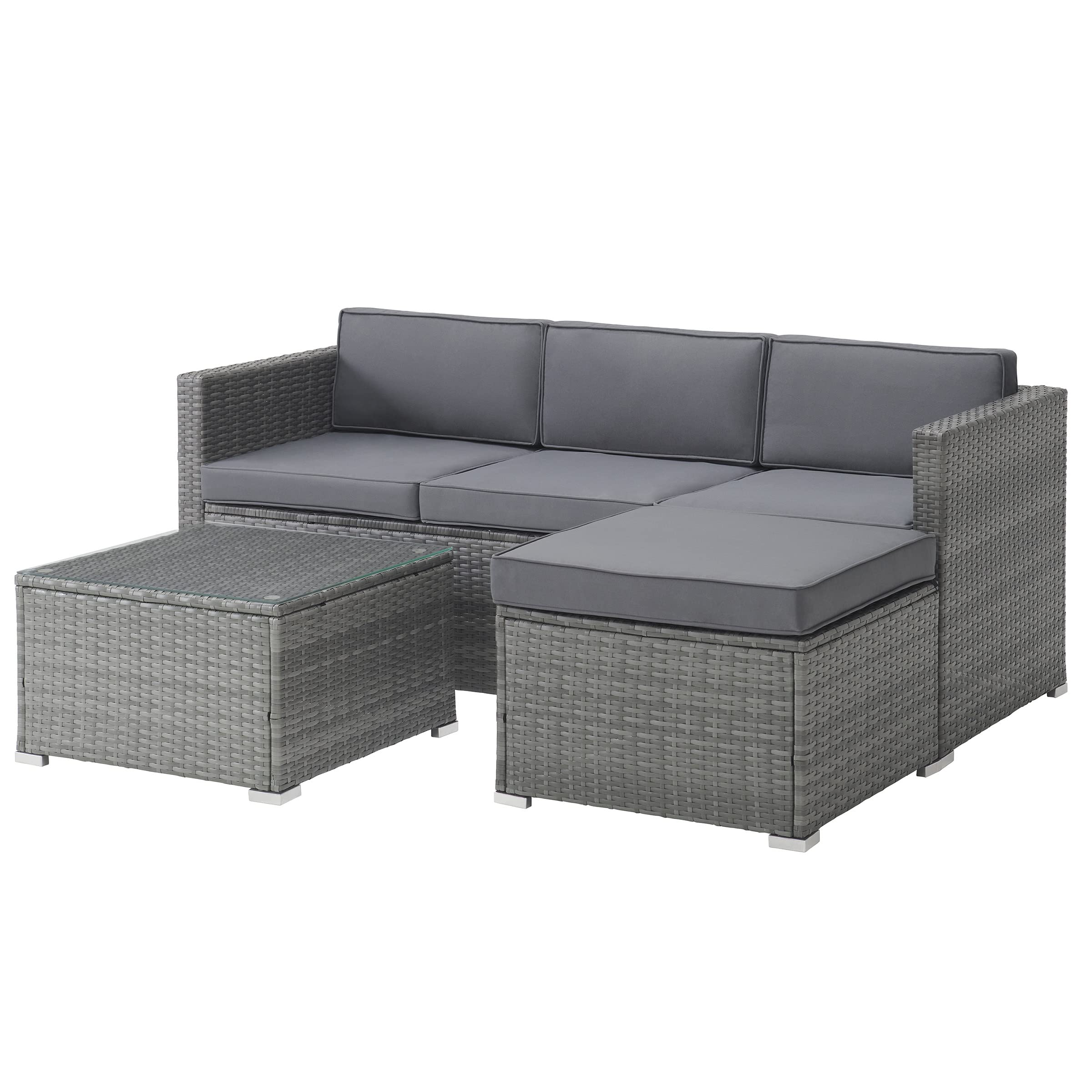 Premium 3-Piece Rattan Patio Furniture Set - Outdoor Sectional Sofa with Ottoman & Coffee Table - Weather-Resistant Gray Wicker Deck, Poolside, Backyard or Sunroom Lounge Set for Relaxing & Entertaining