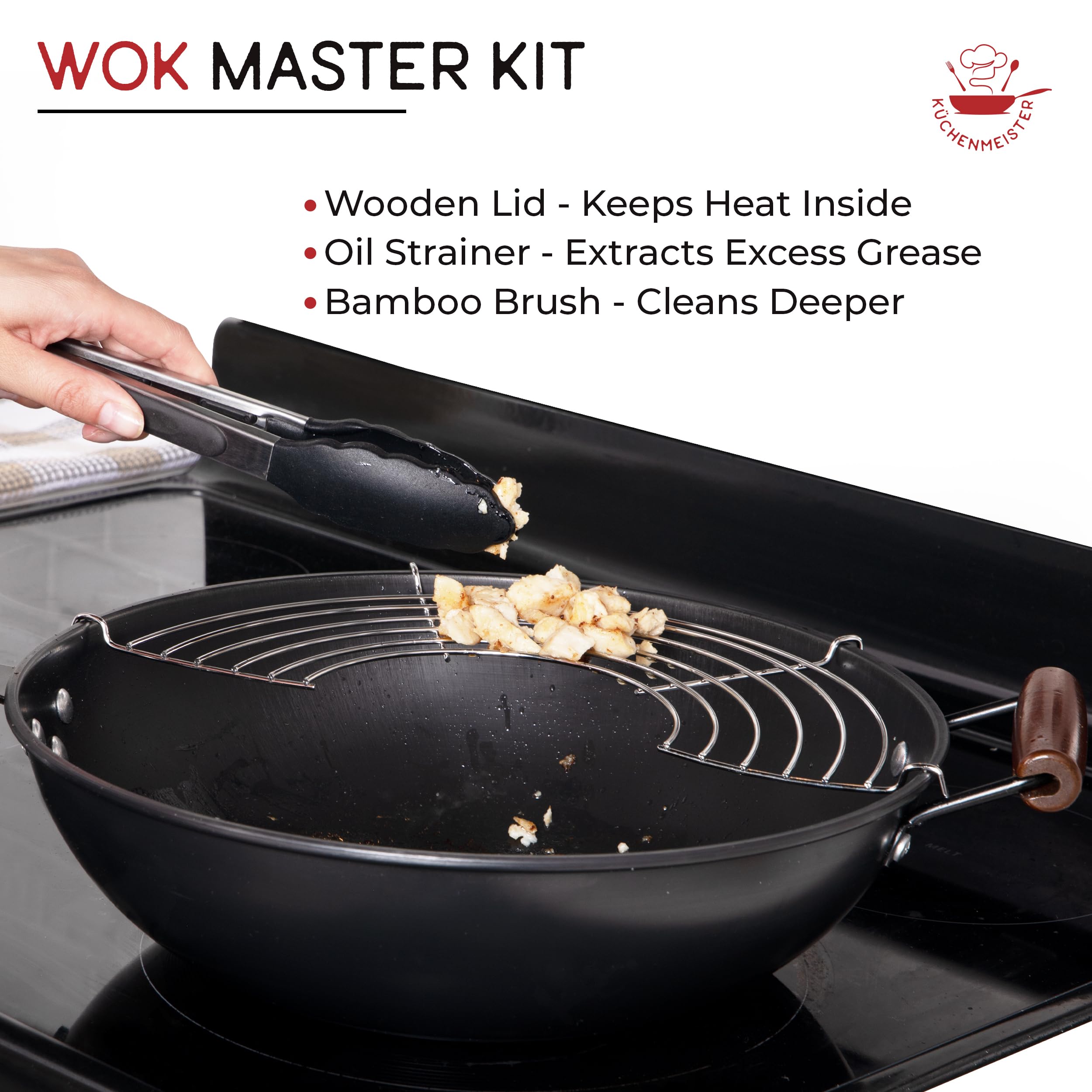Küchenmeister 12.5-Inch Carbon Steel Wok Pan with Lid - Nonstick Flat Bottom Stir Fry Pan for Induction, Gas, Electric & Halogen Stoves | Includes Brush & Oil Strainer | Perfect for Asian Cooking, Stir-Frying & Home Chefs