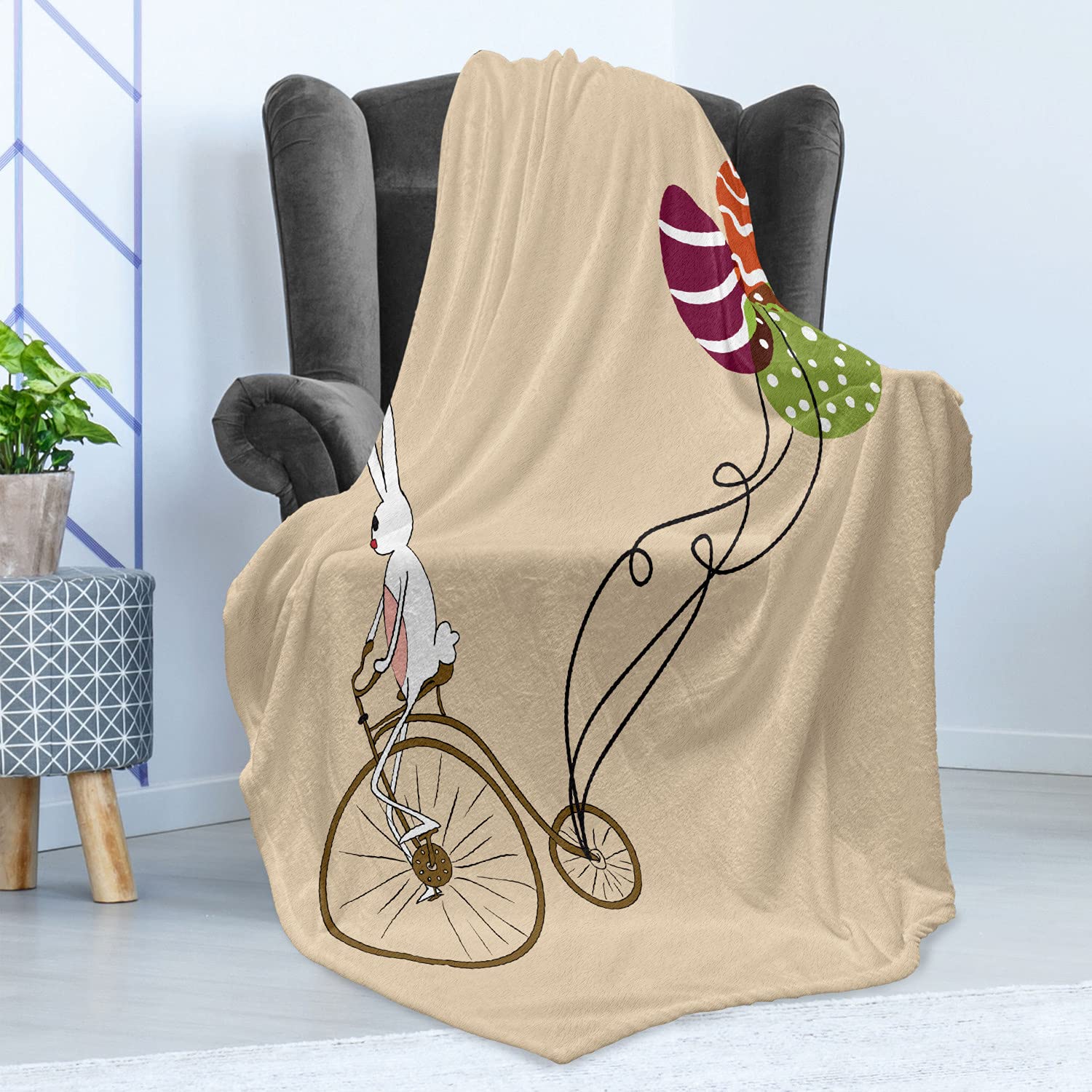 Ambesonne Easter Throw Blanket - Bunny on Retro Bike with Easter Egg Balloons Cartoon Print | Soft Flannel Fleece Couch Cover for Adults (50