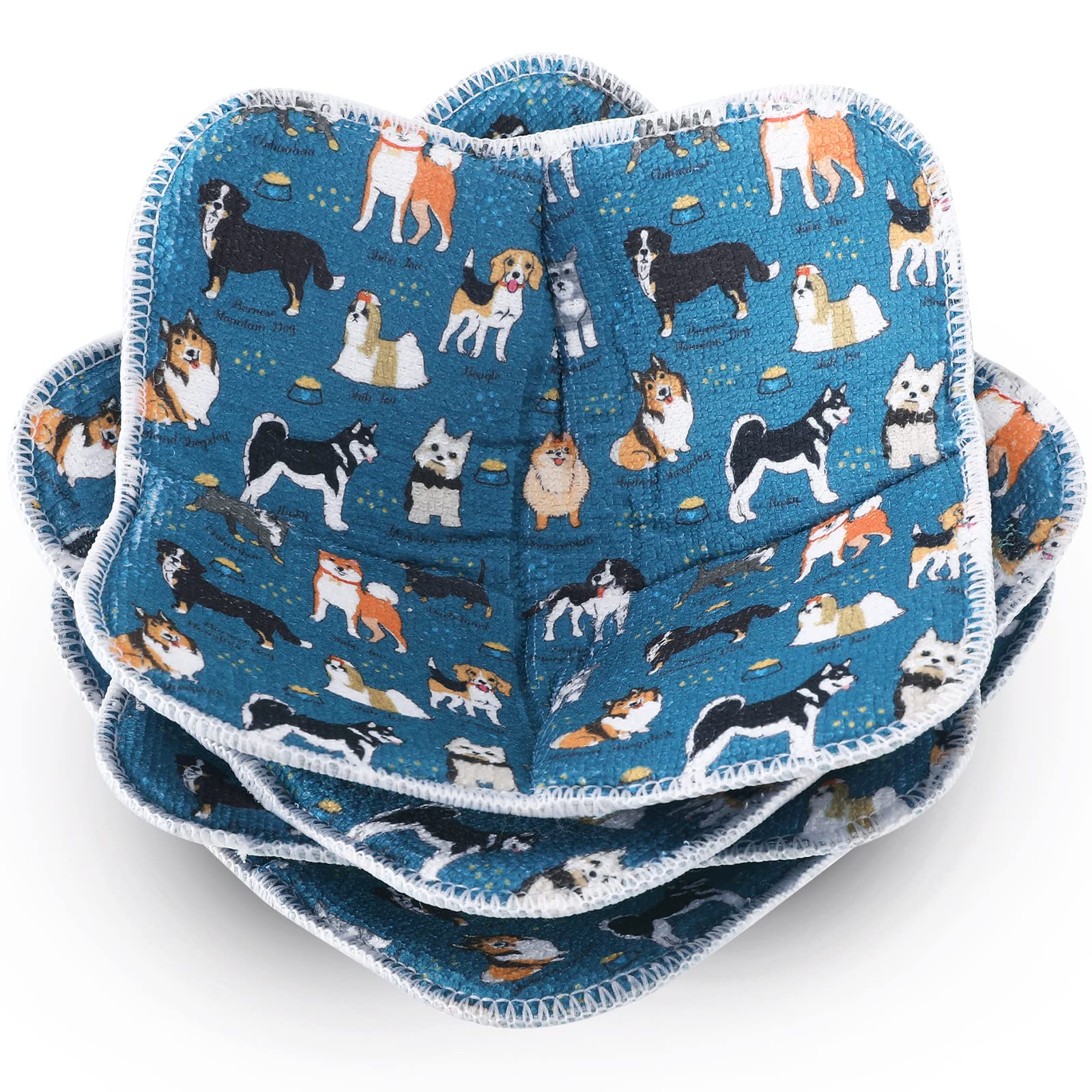 Cunhill Microwave Bowl Holders Set of 4 - Heat Resistant Kitchen Pot Holders for Hot Bowls, Plates & Dishes - Multipurpose Oven Mitts for Cooking & Serving (Dog Design, Blue Green) - Perfect for Microwave, Oven & Dining Table Use
