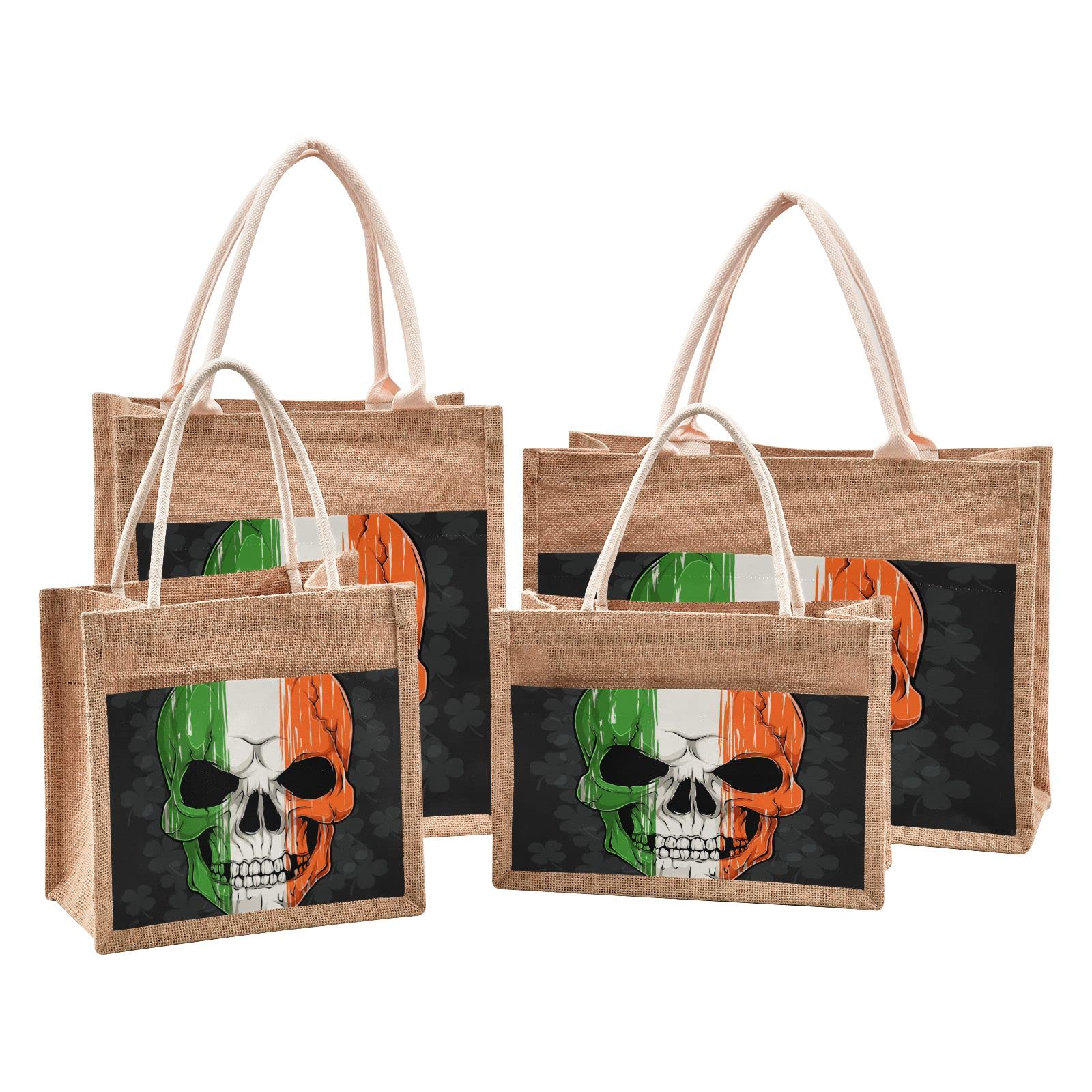 Irish Flag Skull Head Jute Tote Bag - Eco-Friendly Women's Handbag for Grocery Shopping, Beach, Travel & Wedding - Durable Canvas Purse with Handles