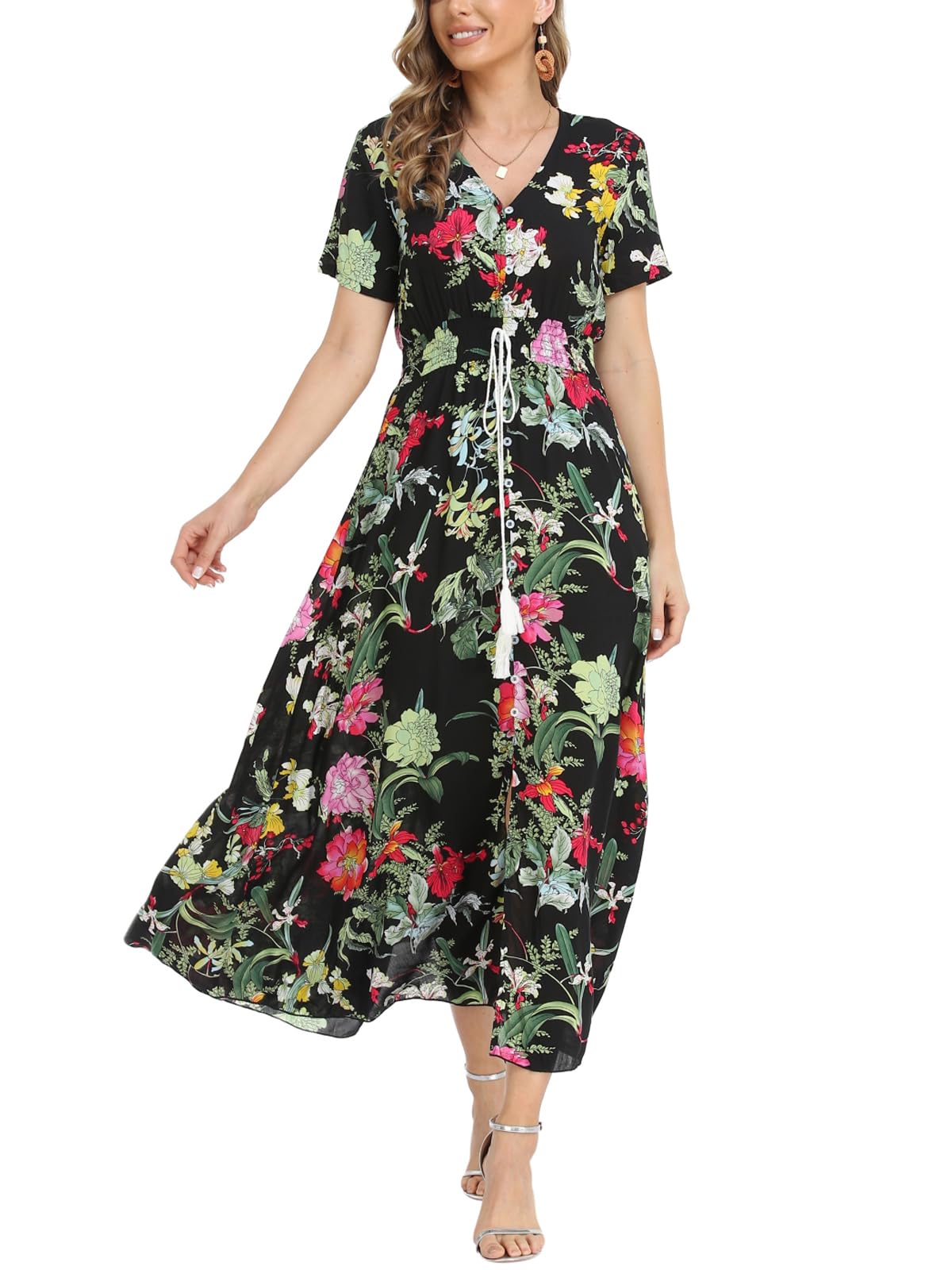 Boho Floral Maxi Dress for Women - Summer Button Up Beach Dress with Side Slit & Flowy Skirt | Perfect for Beach Vacations, Music Festivals & Boho Chic Outfits