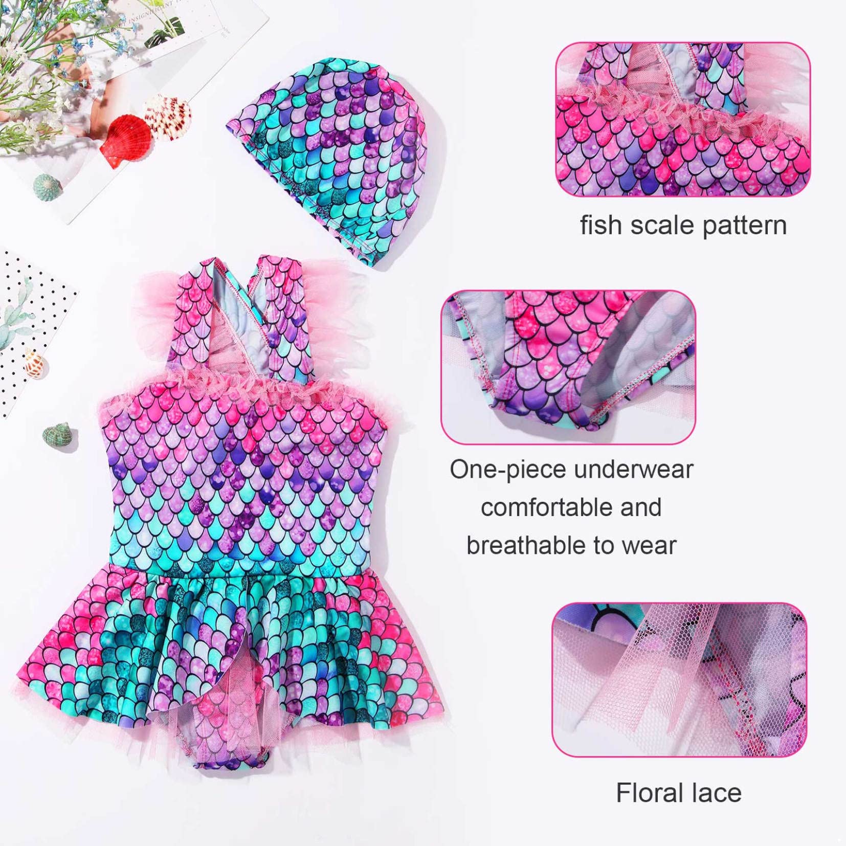 Cute Princess Mermaid Swim Dress for Girls - Mesh Ruffle Tutu Skirted Bathing Suit | Perfect for Beach, Pool & Summer Water Play