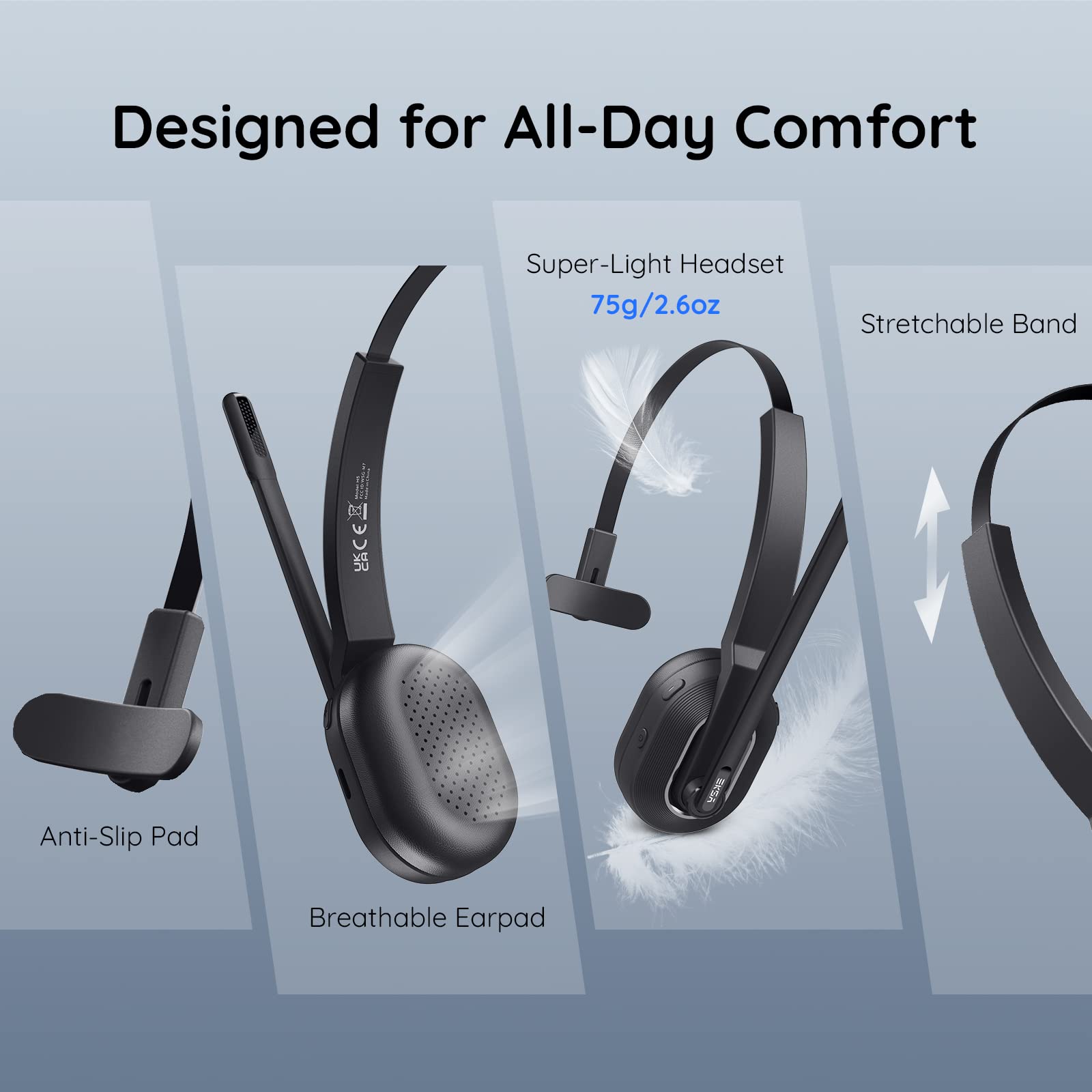 Wireless Bluetooth Headset with AI Noise Cancelling Microphone (ENC) - 45Hr Battery, Fast Charging Stand, Lightweight Over-Ear Headphones with USB Dongle for PC - Perfect for Office, Gaming & Remote Work